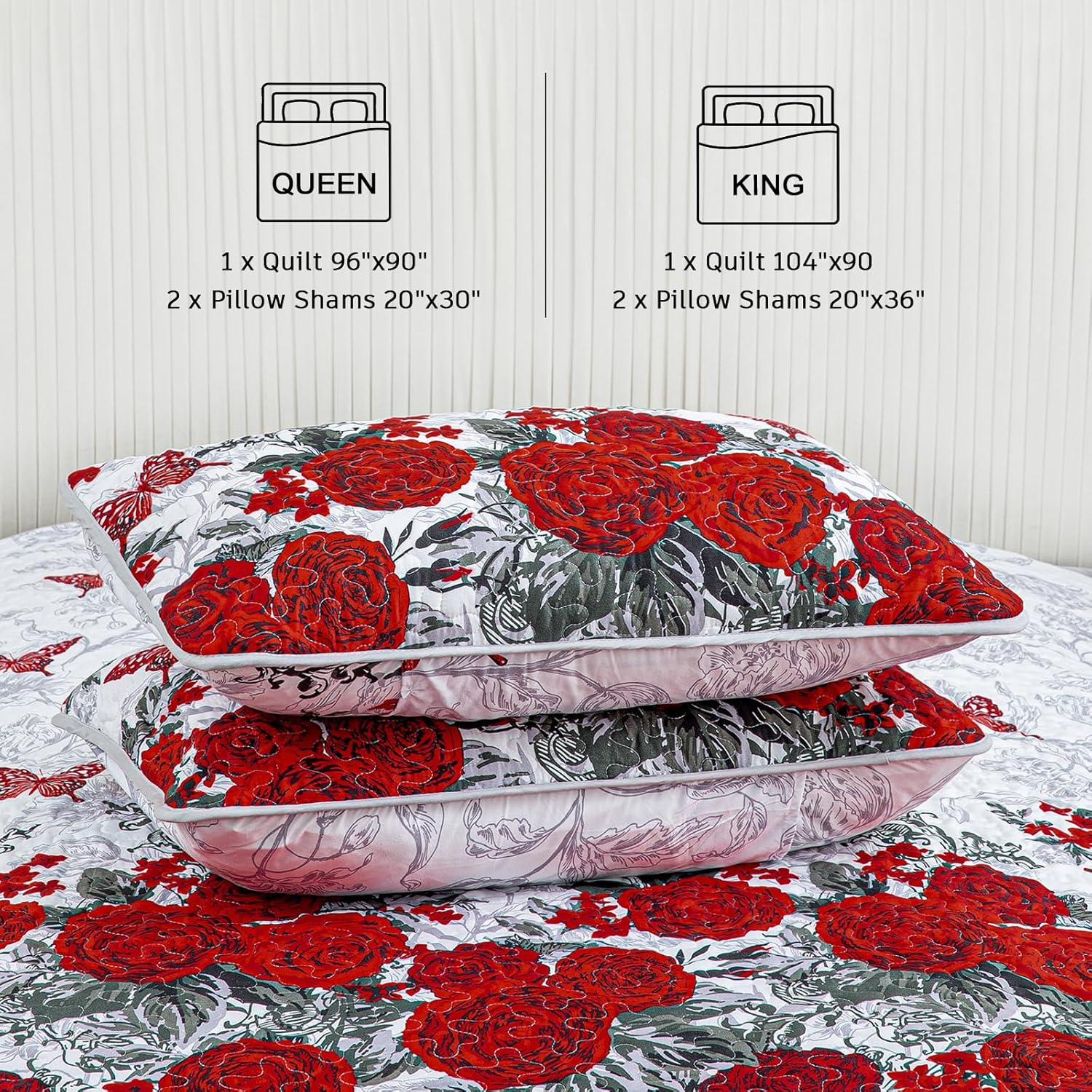 Yiran Red Floral Quilt Set King 3 Pieces