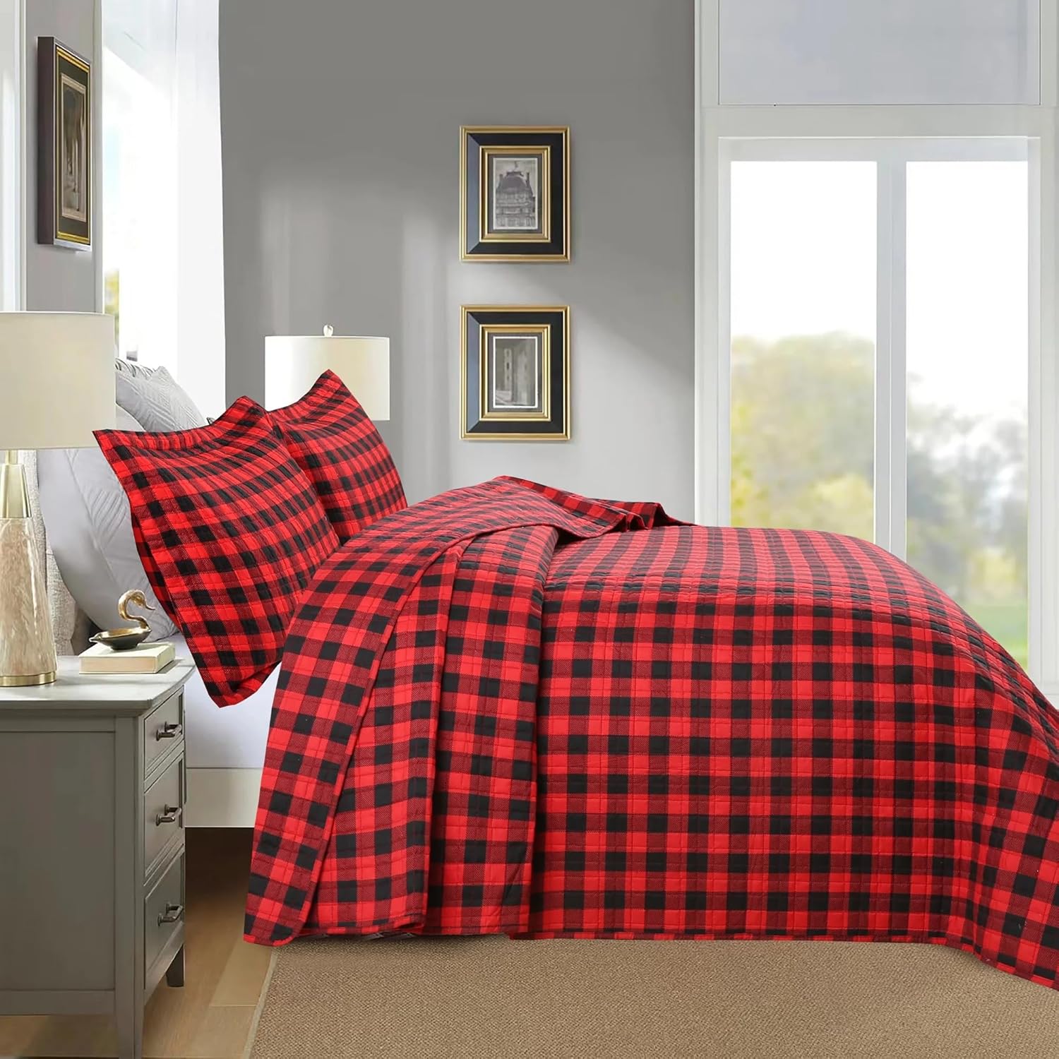 MarCielo 3 Piece Christmas Quilt Set Buffalo Red Queen