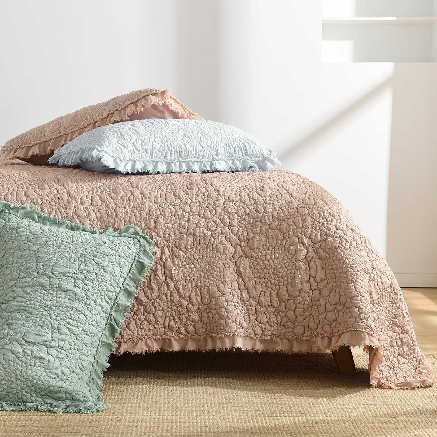 Light Blue Ruffled Quilt Queen Size Set