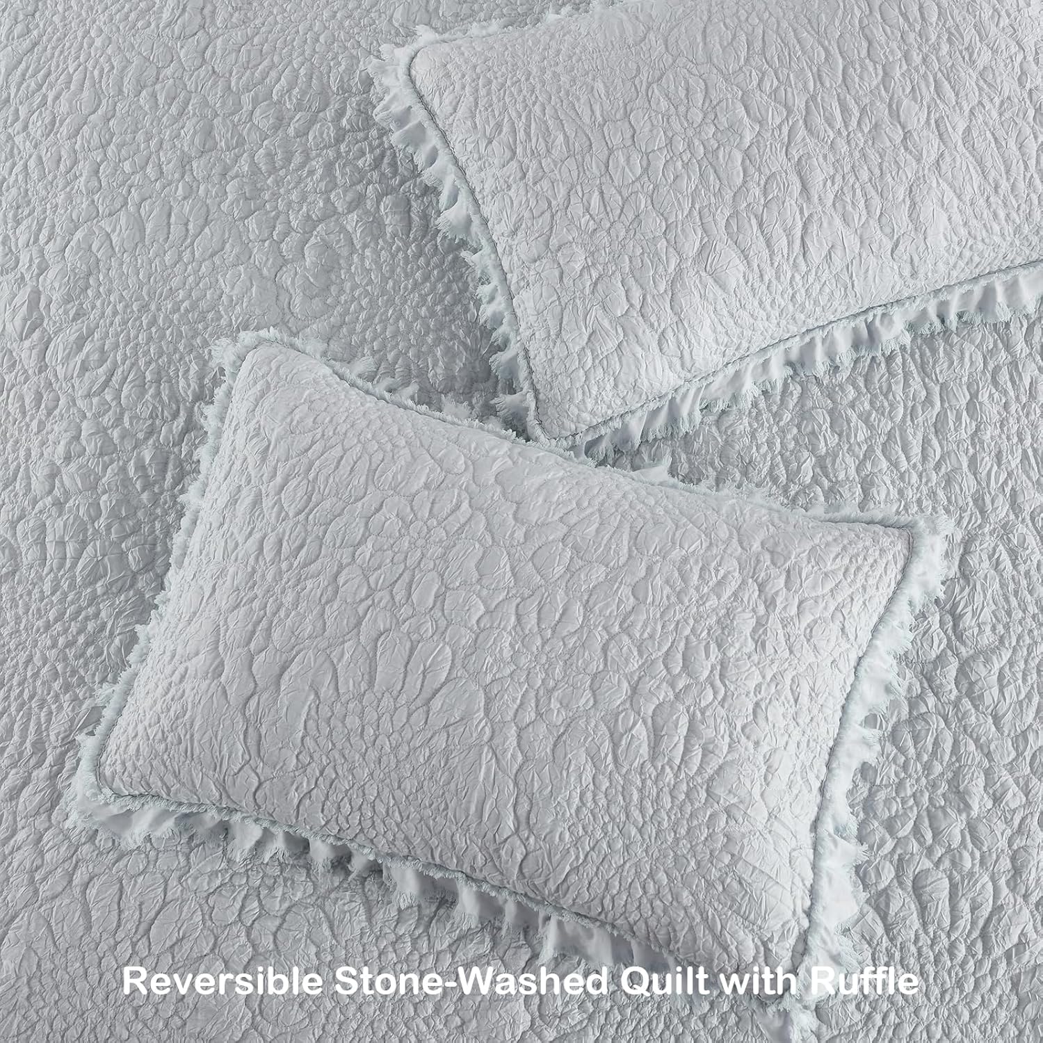 Light Blue Ruffled Quilt Queen Size Set