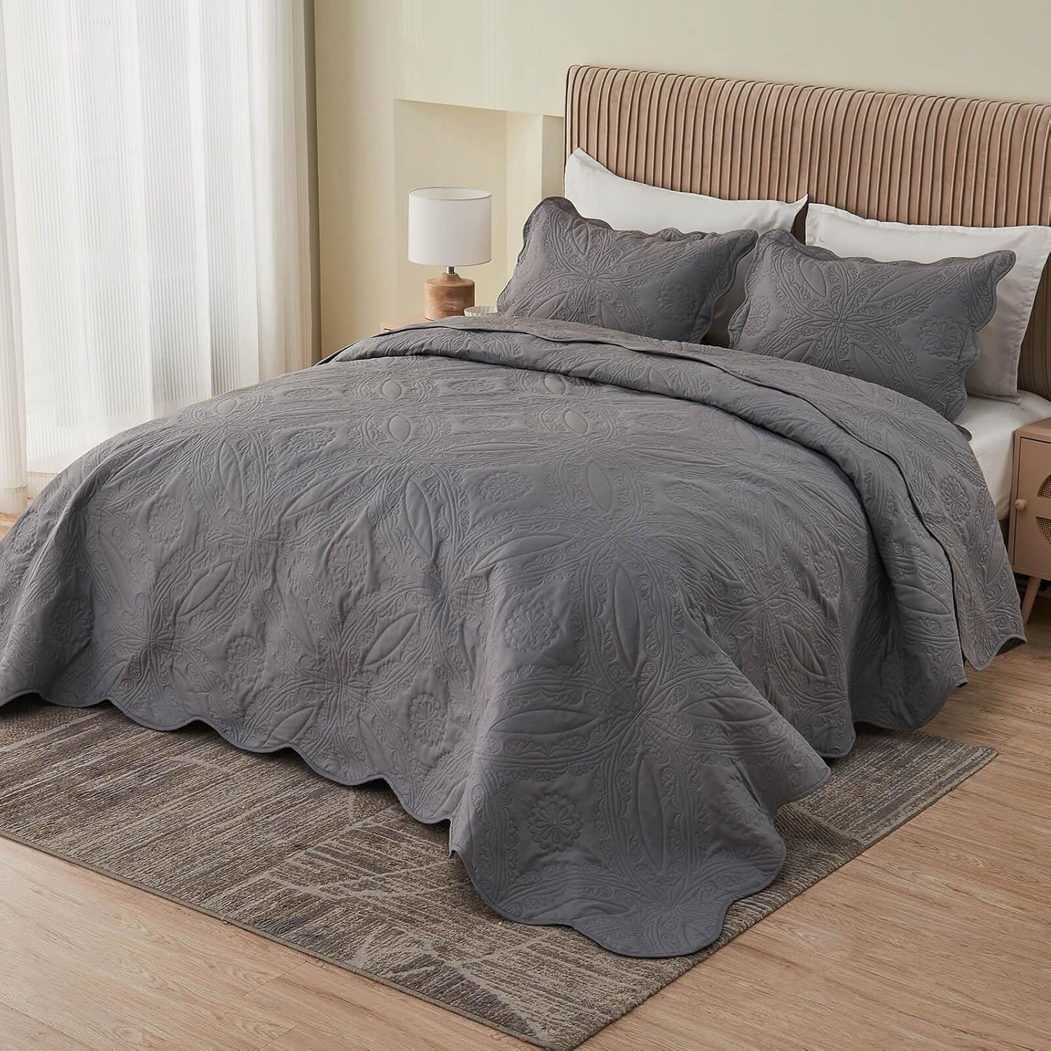 Kingnex Oversized King Bedspread Set 3 Piece Dark Grey 1