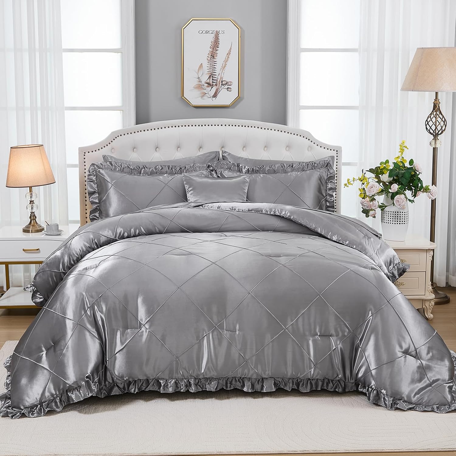 Grey Queen Comforter Set with 8 Pcs Satin Bedding