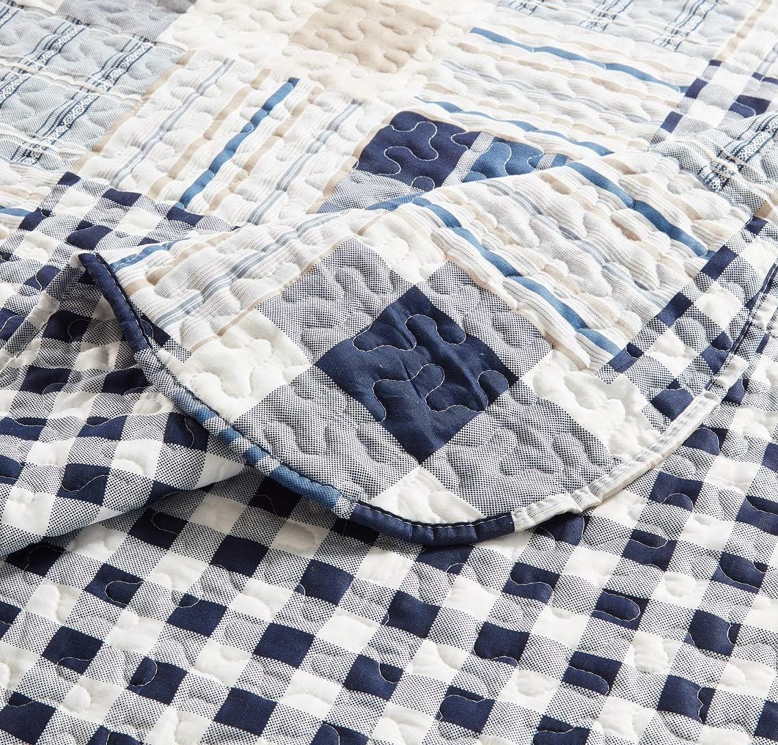 Brilliant Sunshine Blue Plaids Stripes Quilt Set King Size 3-Piece