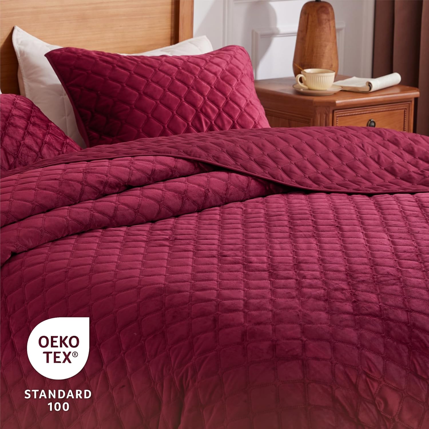 Sophia William Velvet King Quilt Set 3D Air Layer Super Soft Lightweight Burgundy
