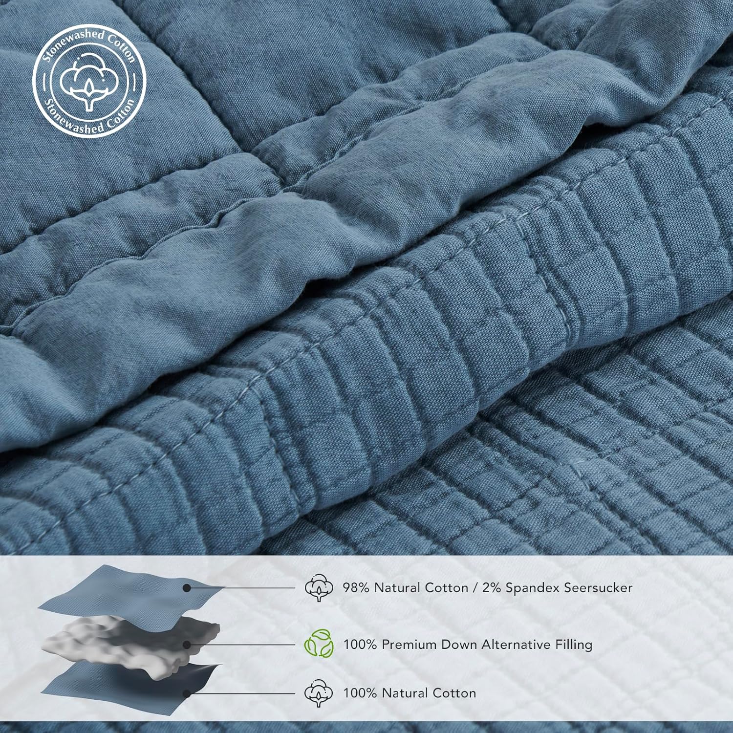 EVERGRACEHOME Stonewashed Cotton Quilt Set Full Queen Size