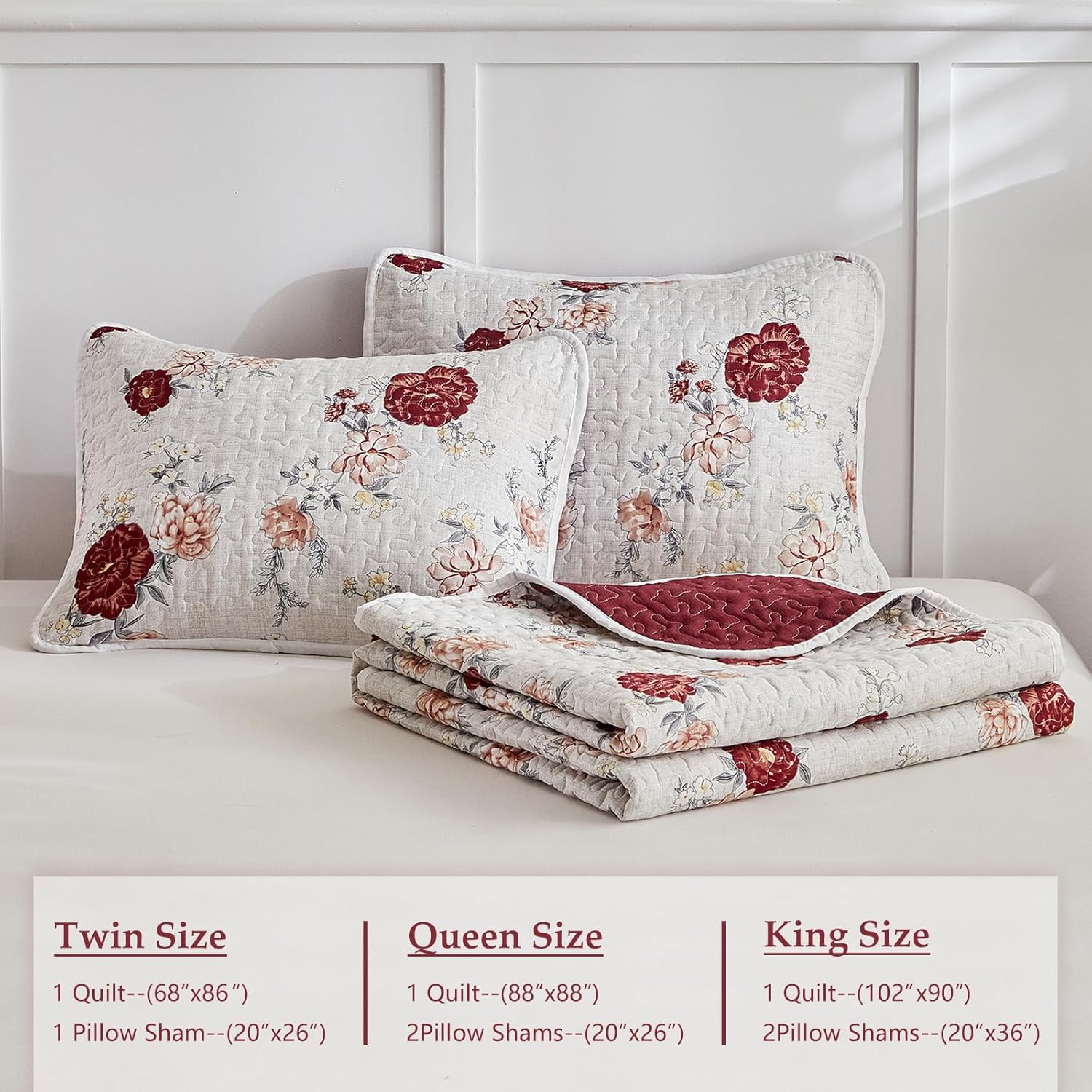Floral Quilt Set 3 Pieces White with Red Roses
