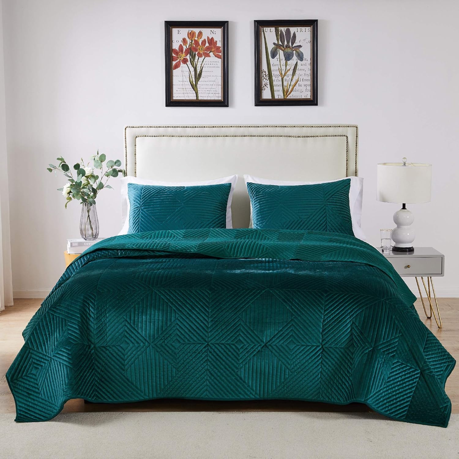 Greenland Home Riviera Velvet Quilt Set 3-Piece KingCal King Teal