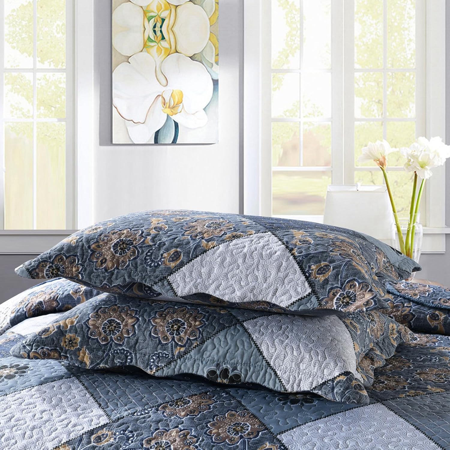 ENJOHOS Navy Blue Plaid Floral Quilt Set King Size 98x106