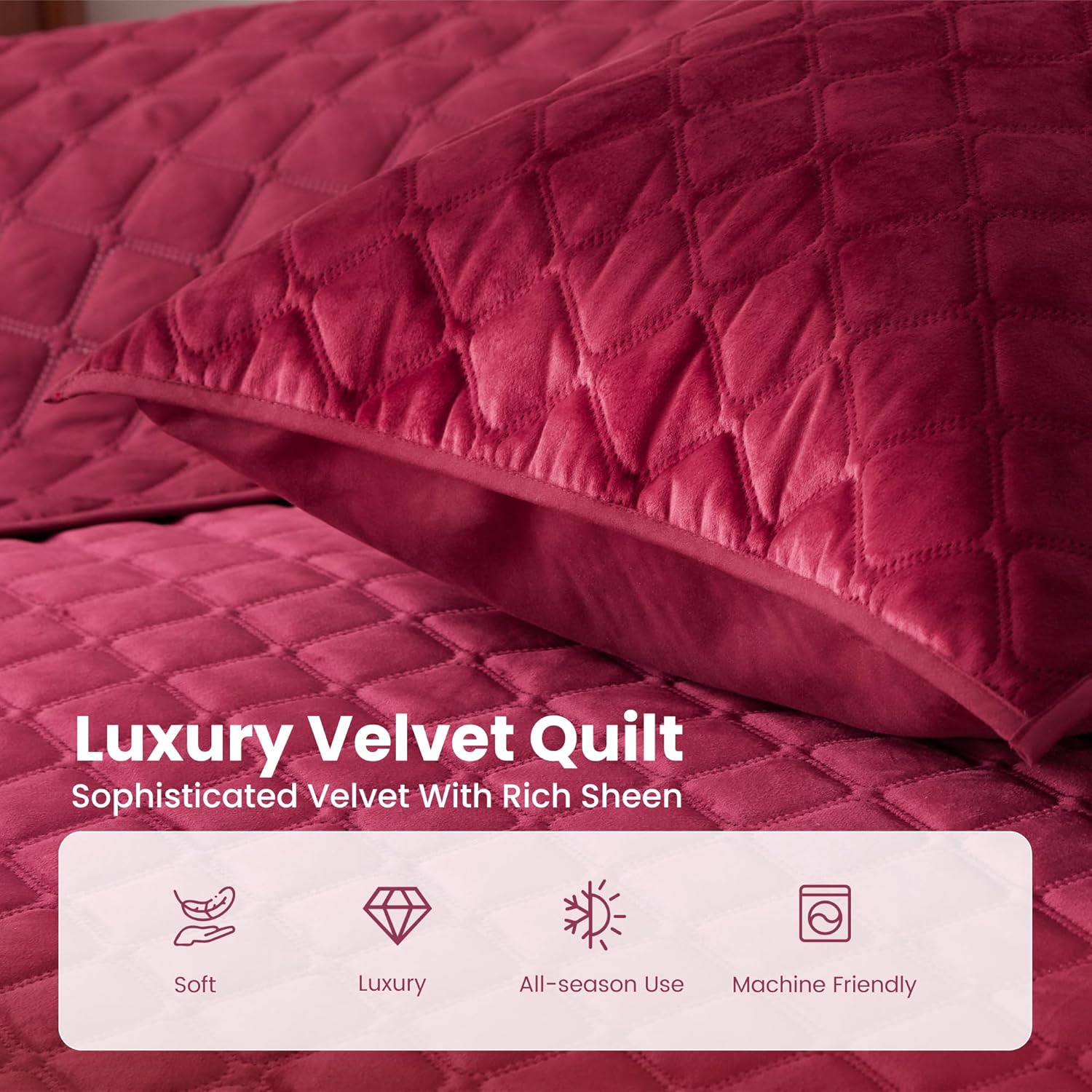 Sophia William Velvet King Quilt Set 3D Air Layer Super Soft Lightweight Burgundy
