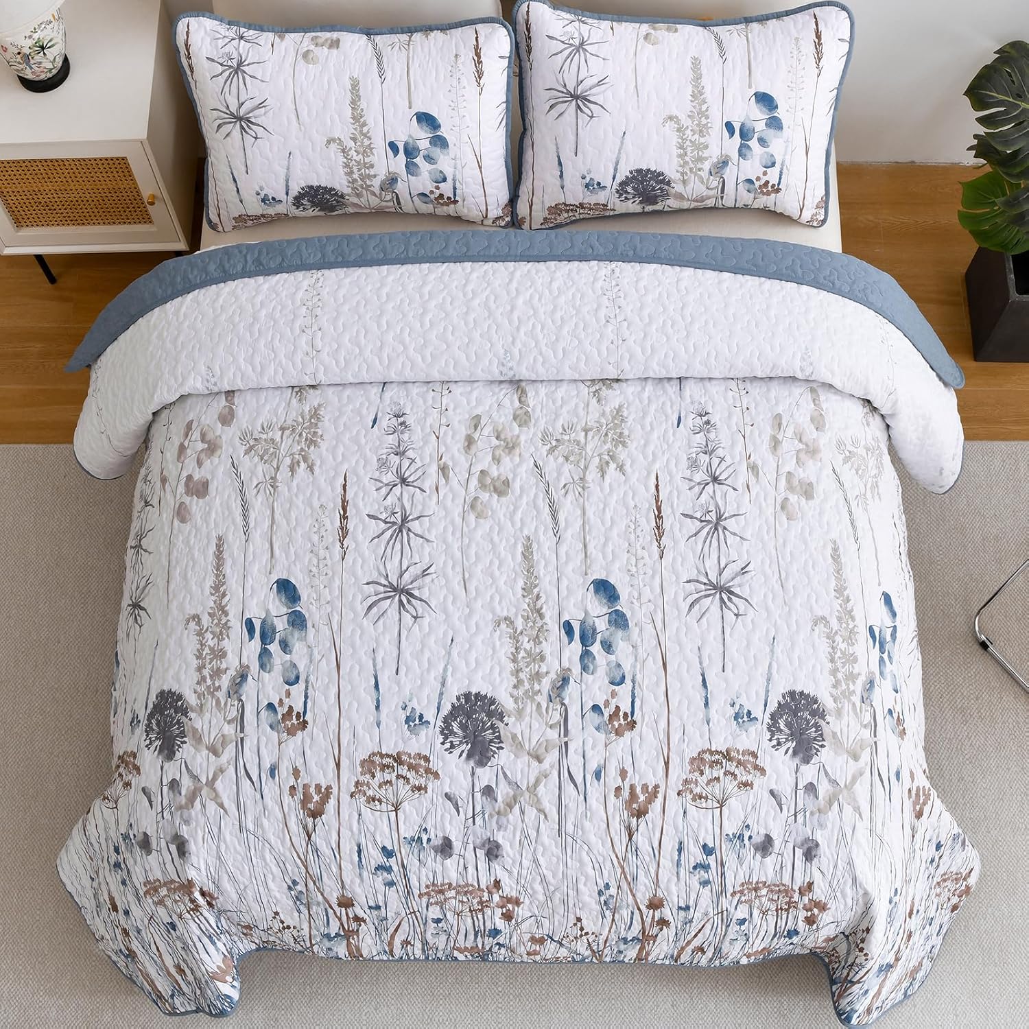 Dobuyly Blue Floral King Quilt Set 3pcs