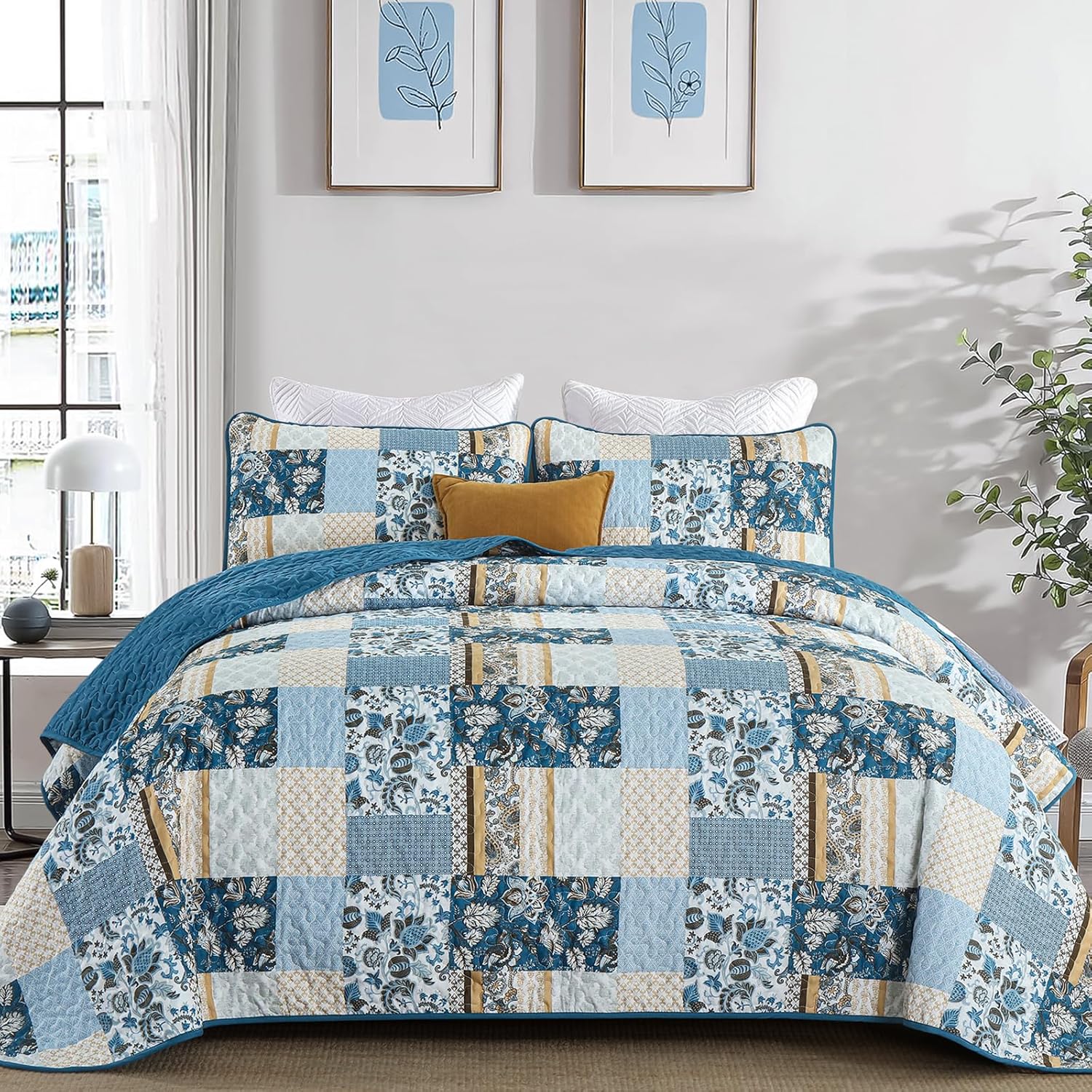 WONGS BEDDING Blue Plaid Patchwork Quilt Set Queen 3 Pieces