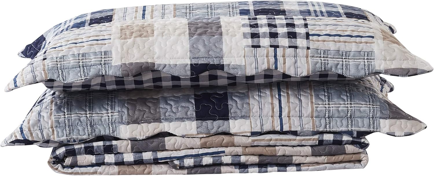 Brilliant Sunshine Blue Plaids Stripes Quilt Set King Size 3-Piece