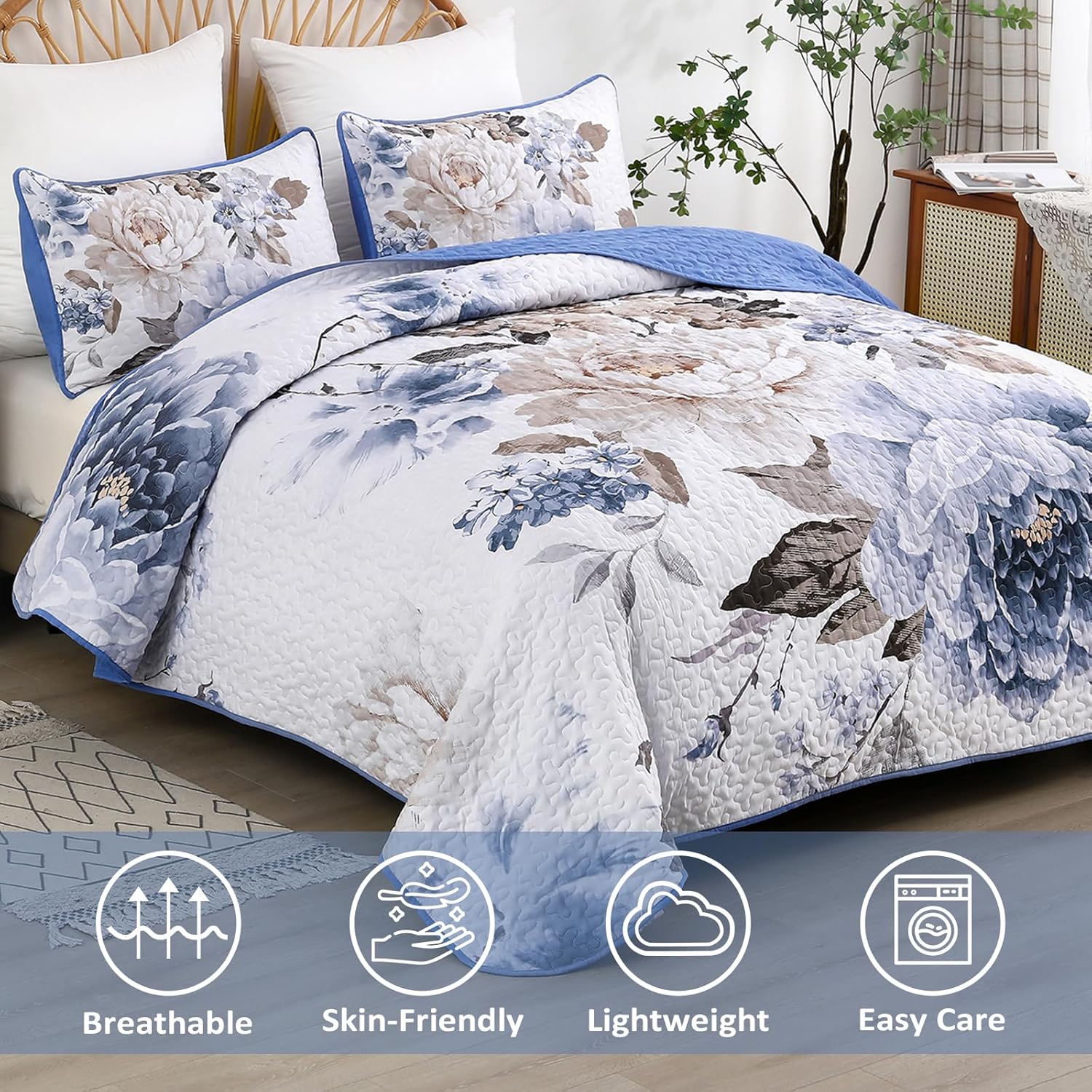 Wongs Bedding Blue Floral 3-Piece Quilt Set