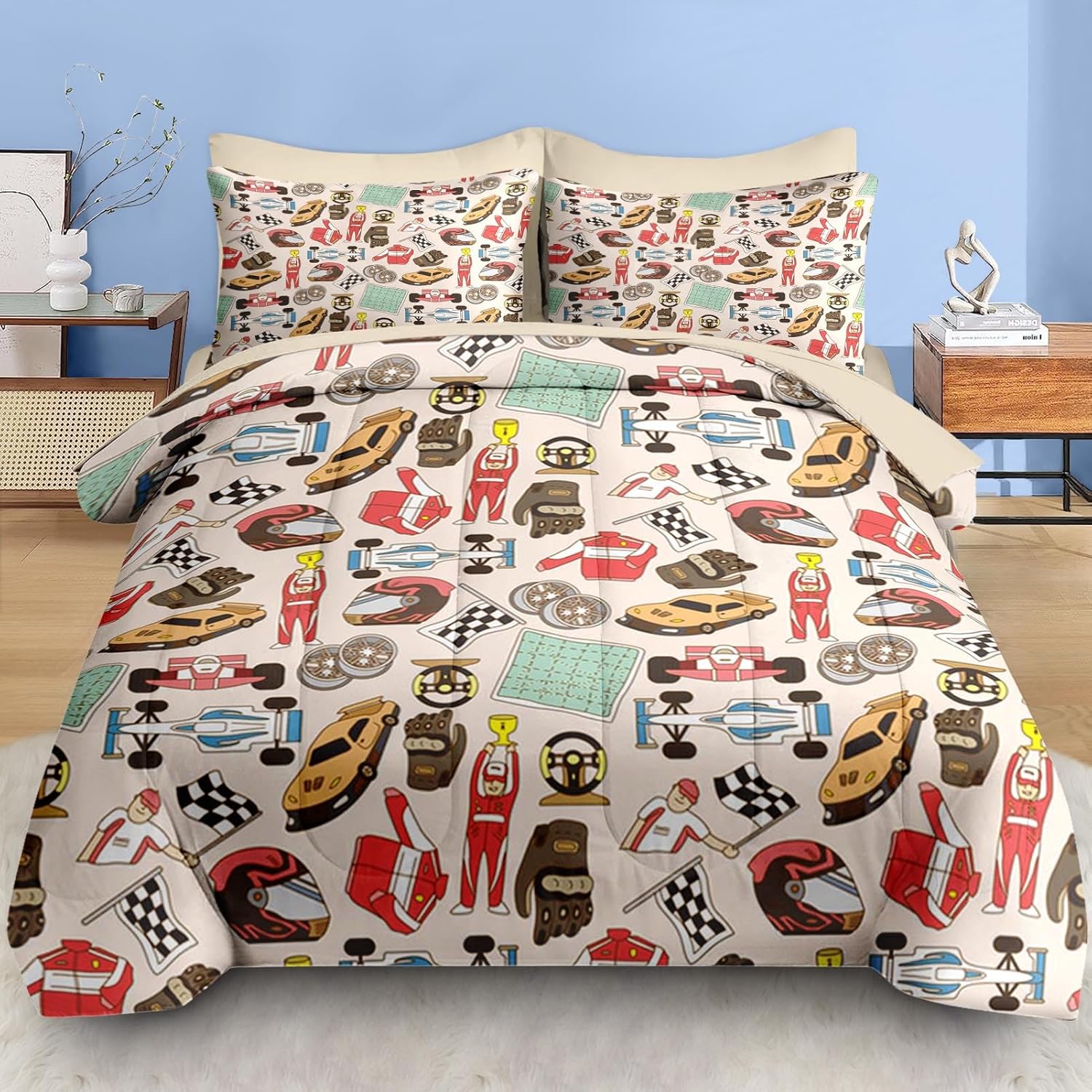Pamnest Race Car Comforter Set Queen Size 7 Pcs