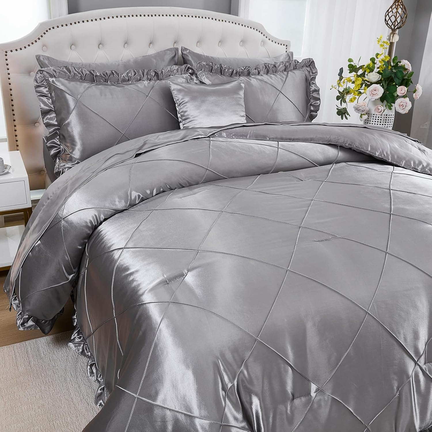 Grey Queen Comforter Set with 8 Pcs Satin Bedding
