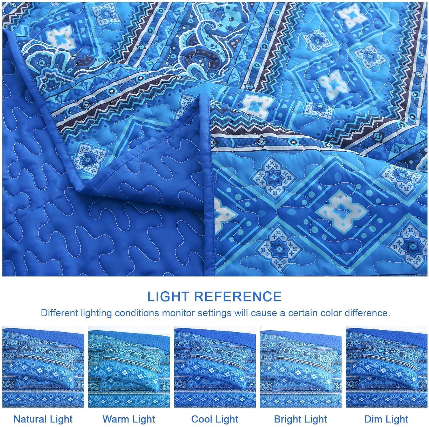 Heymybed Boho Quilt Set Queen Size 3Pc Reversible Blue