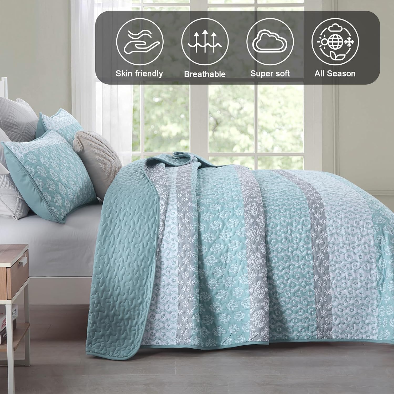 Cottolester Aqua Boho Queen Quilt Set 3 Pieces