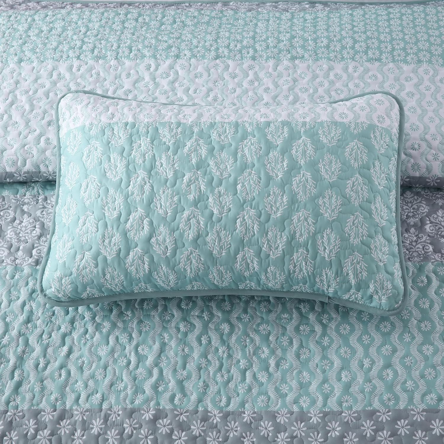 Cottolester King Size Aqua Boho Striped Quilt Set 3 Pieces