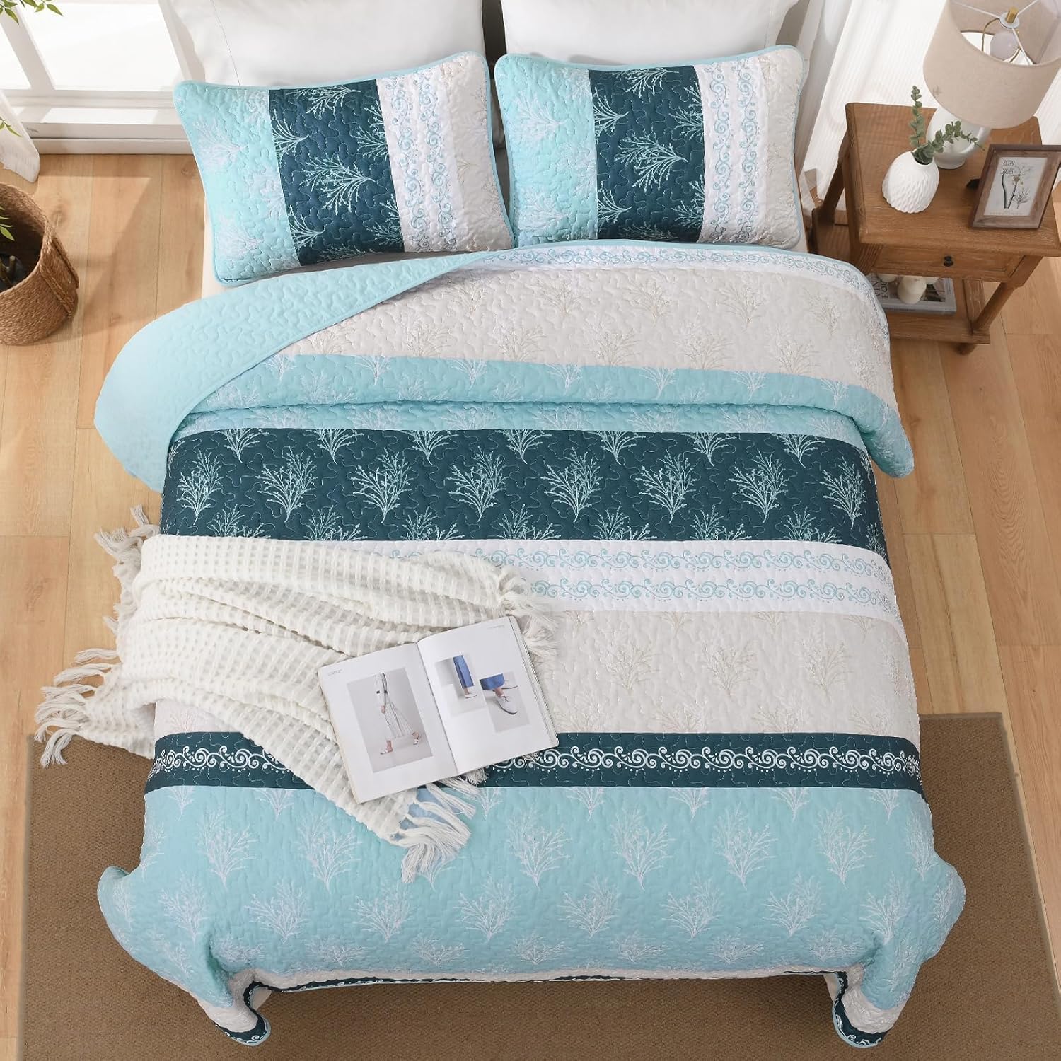 DJY Light Blue Boho Quilt Set 3 Pieces King Size