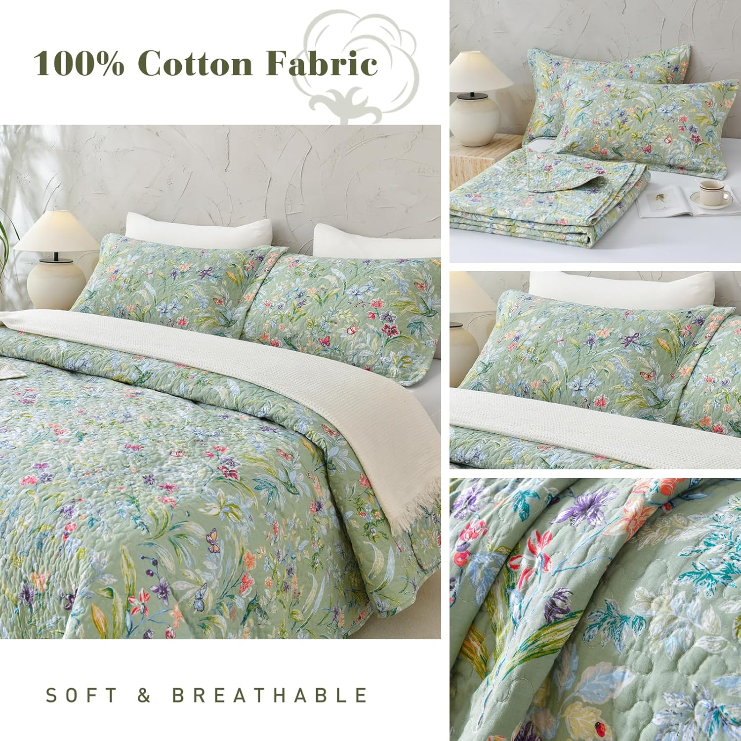 QSH Cotton Floral Queen Bedspread Set 3Pcs Green Summer