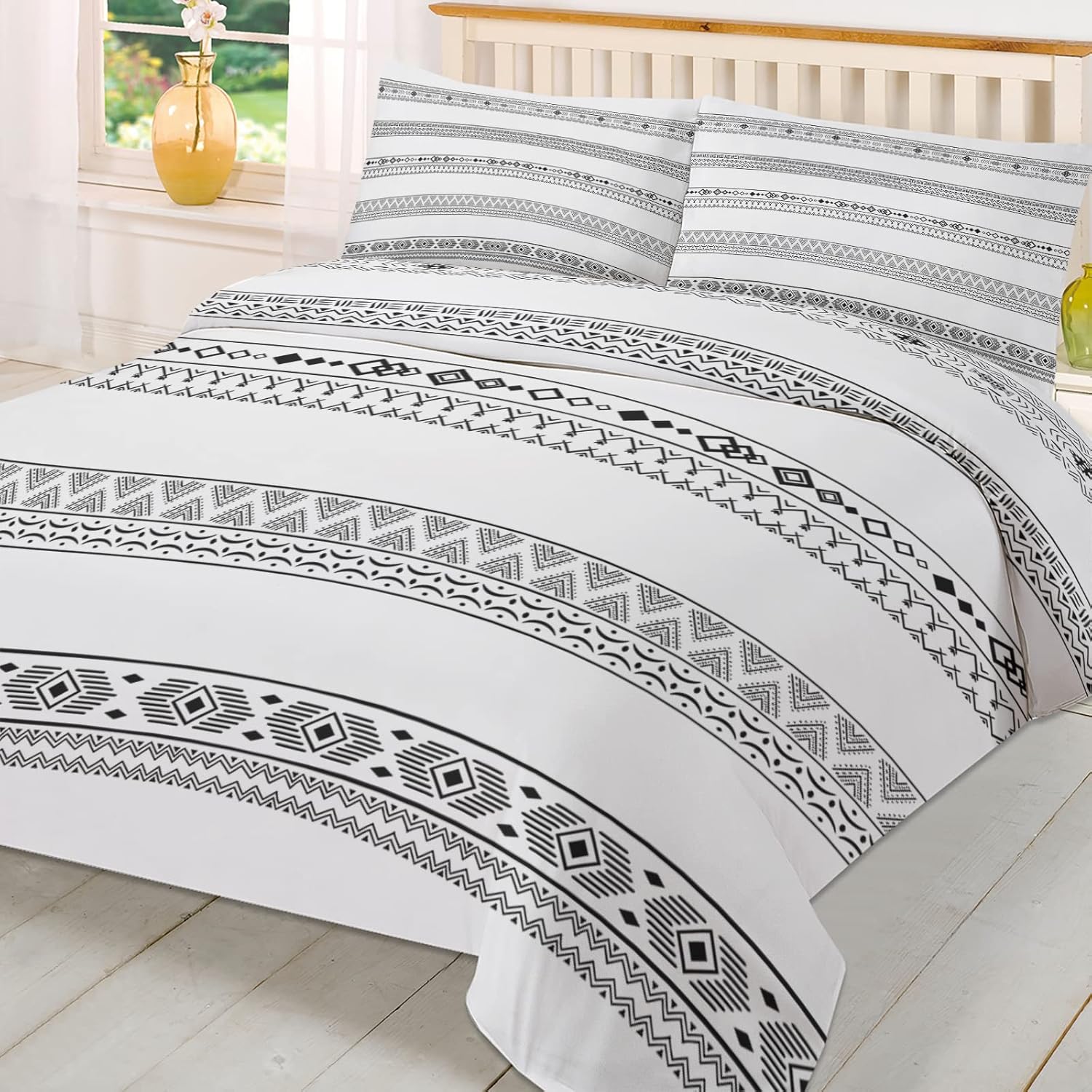 OComster California King Duvet Cover Set 3 Piece Black White Geometric