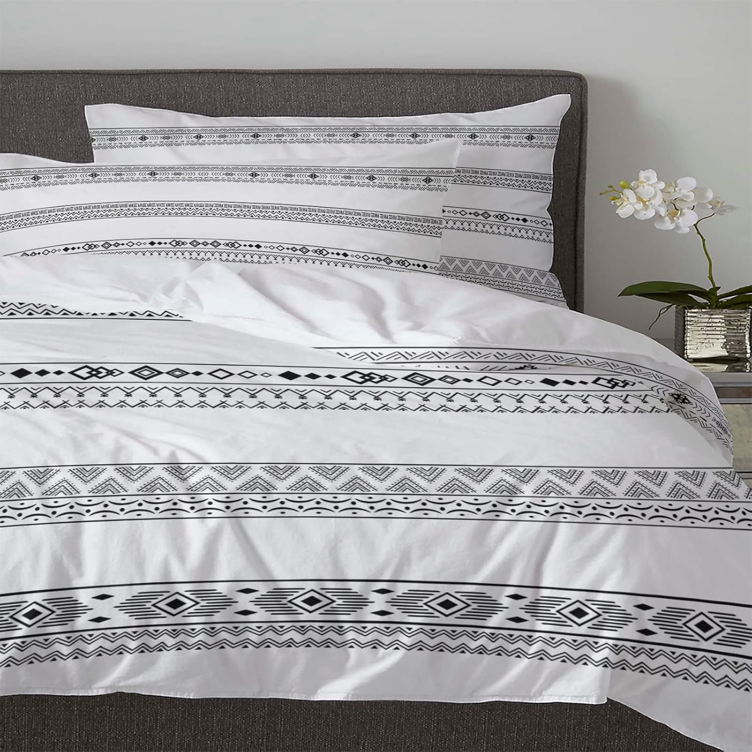 OComster California King Duvet Cover Set 3 Piece Black White Geometric