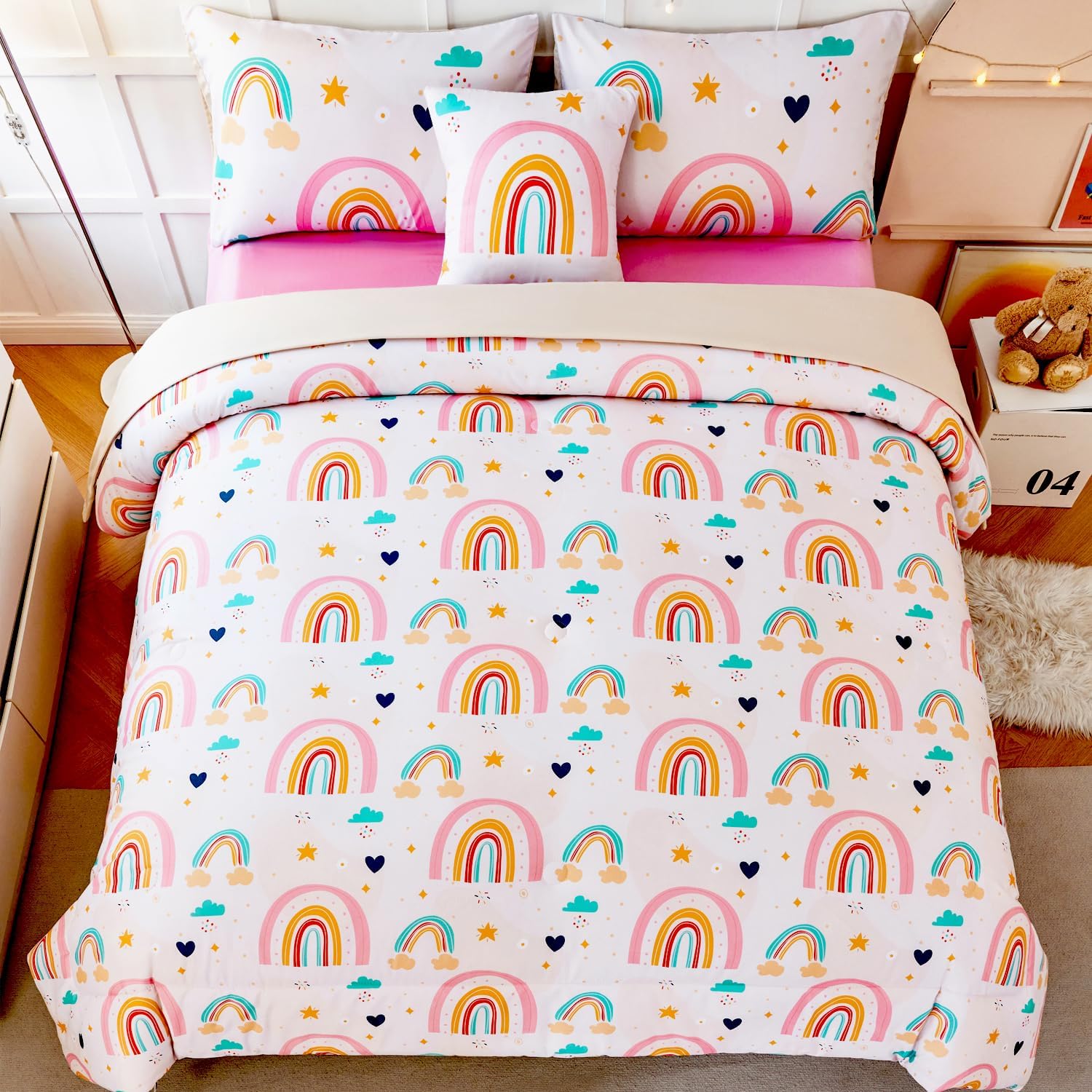 ANGIYUIN 6 Piece Rainbow Comforter Set for Girls