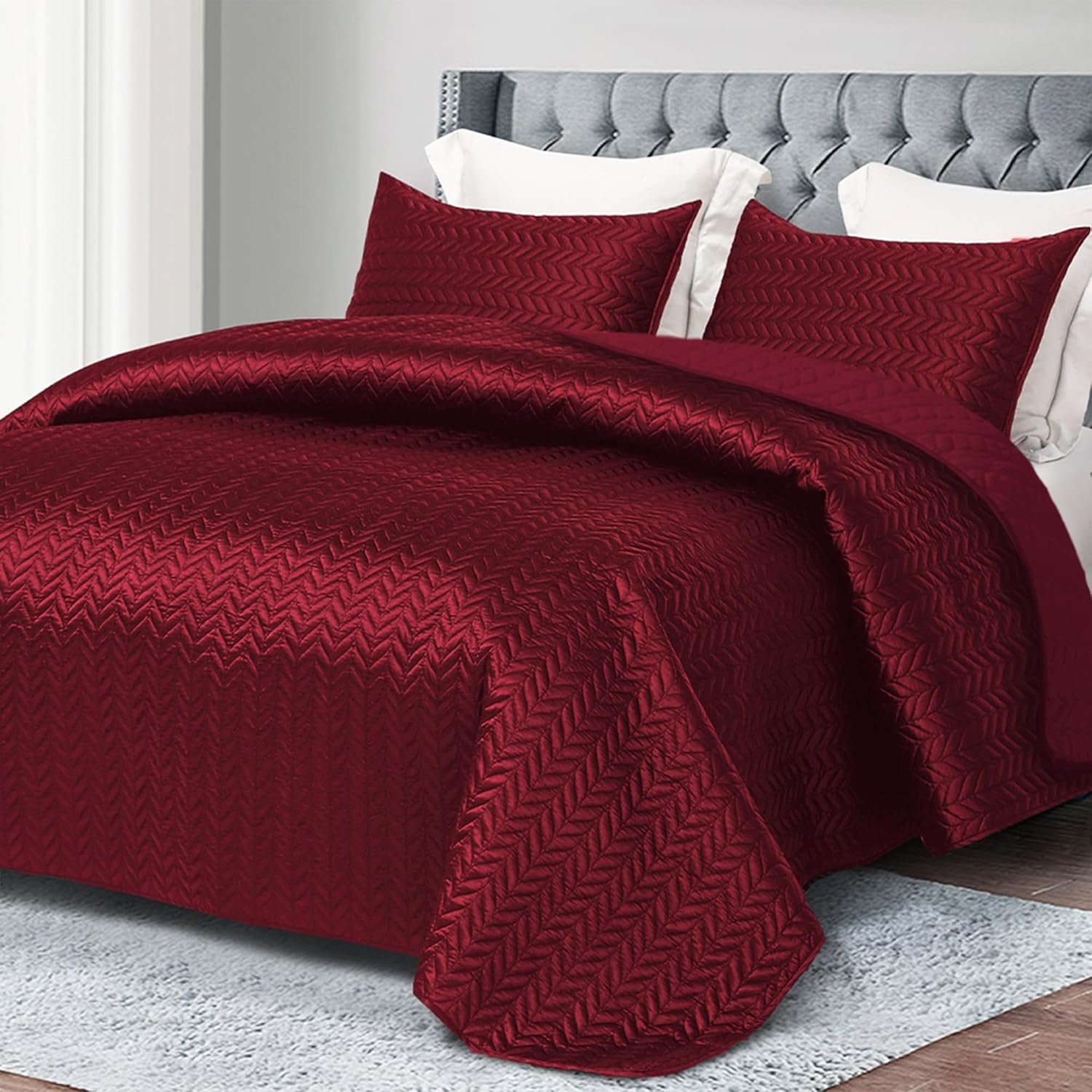 Whale Flotilla Silky Soft Satin Quilt Set Queen Size Red