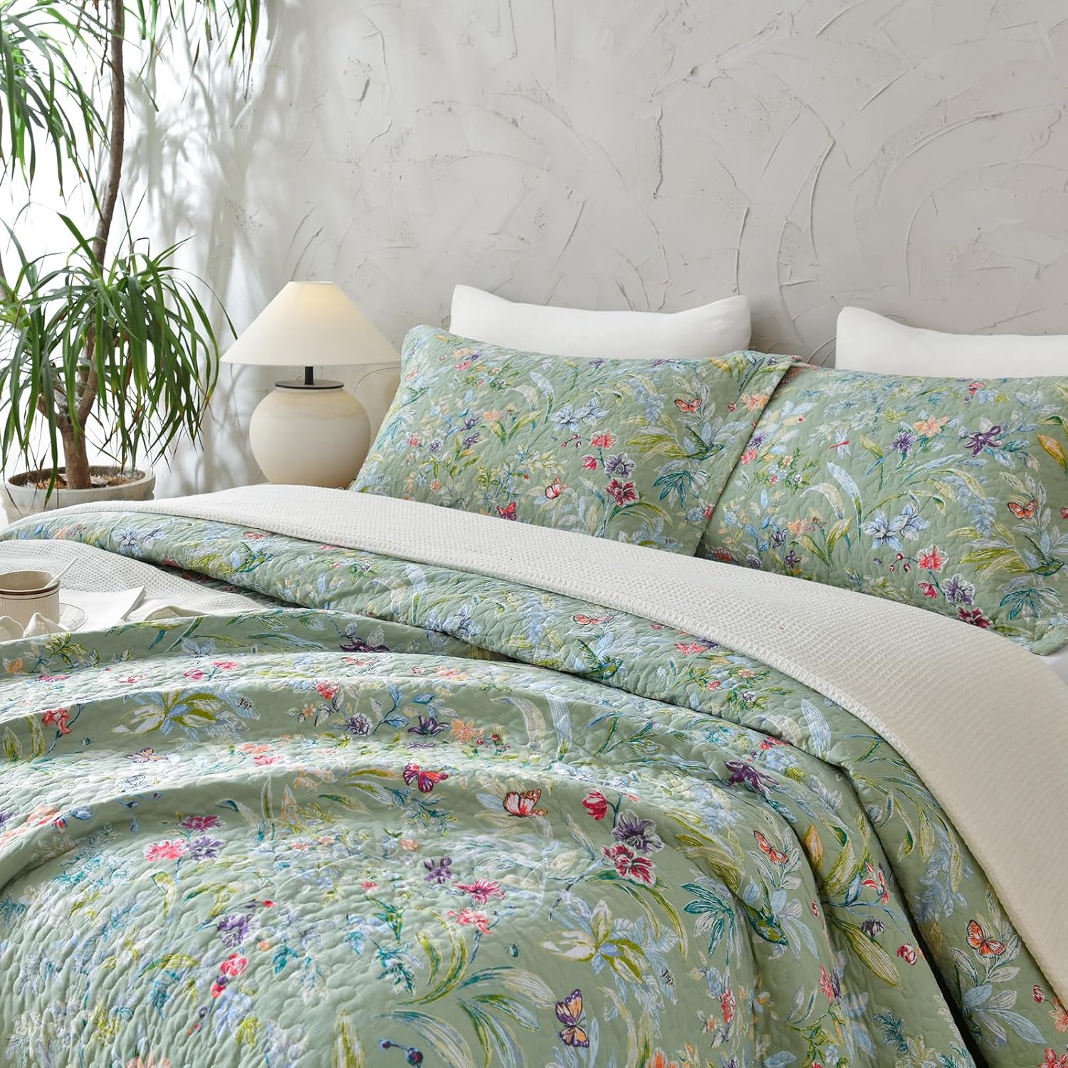 QSH Cotton Floral Queen Bedspread Set 3Pcs Green Summer