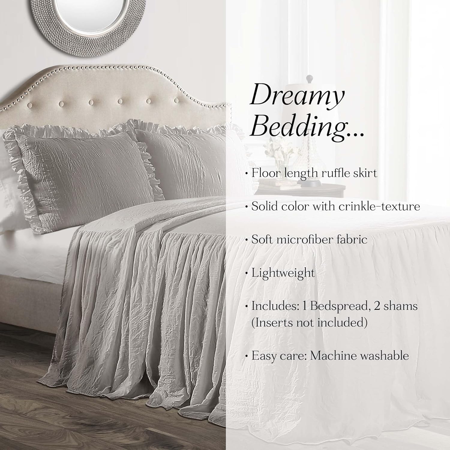 Lush Decor Ruffle Skirt Bedspread Set - 3-Piece King Grey