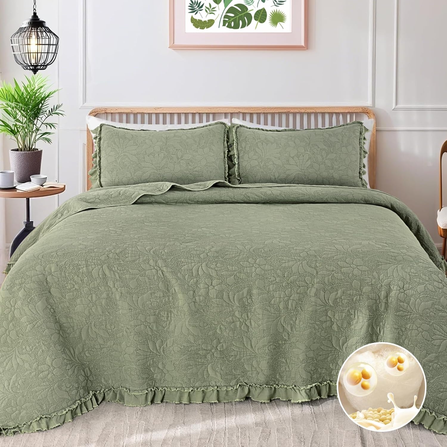 Uspring Green Ruffled Floral Quilt Set King Size 3 Piece
