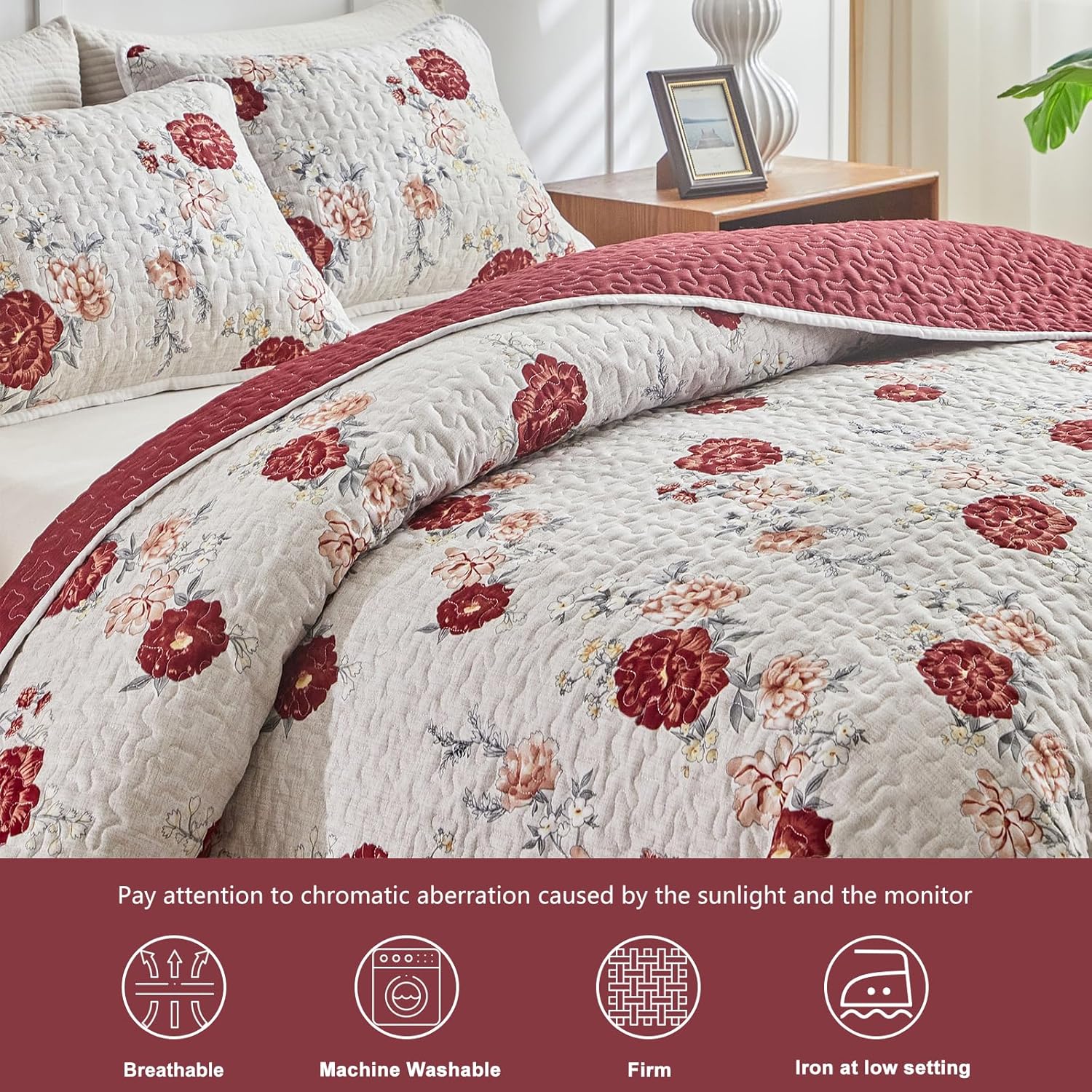 Floral Quilt Set 3 Pieces White with Red Roses