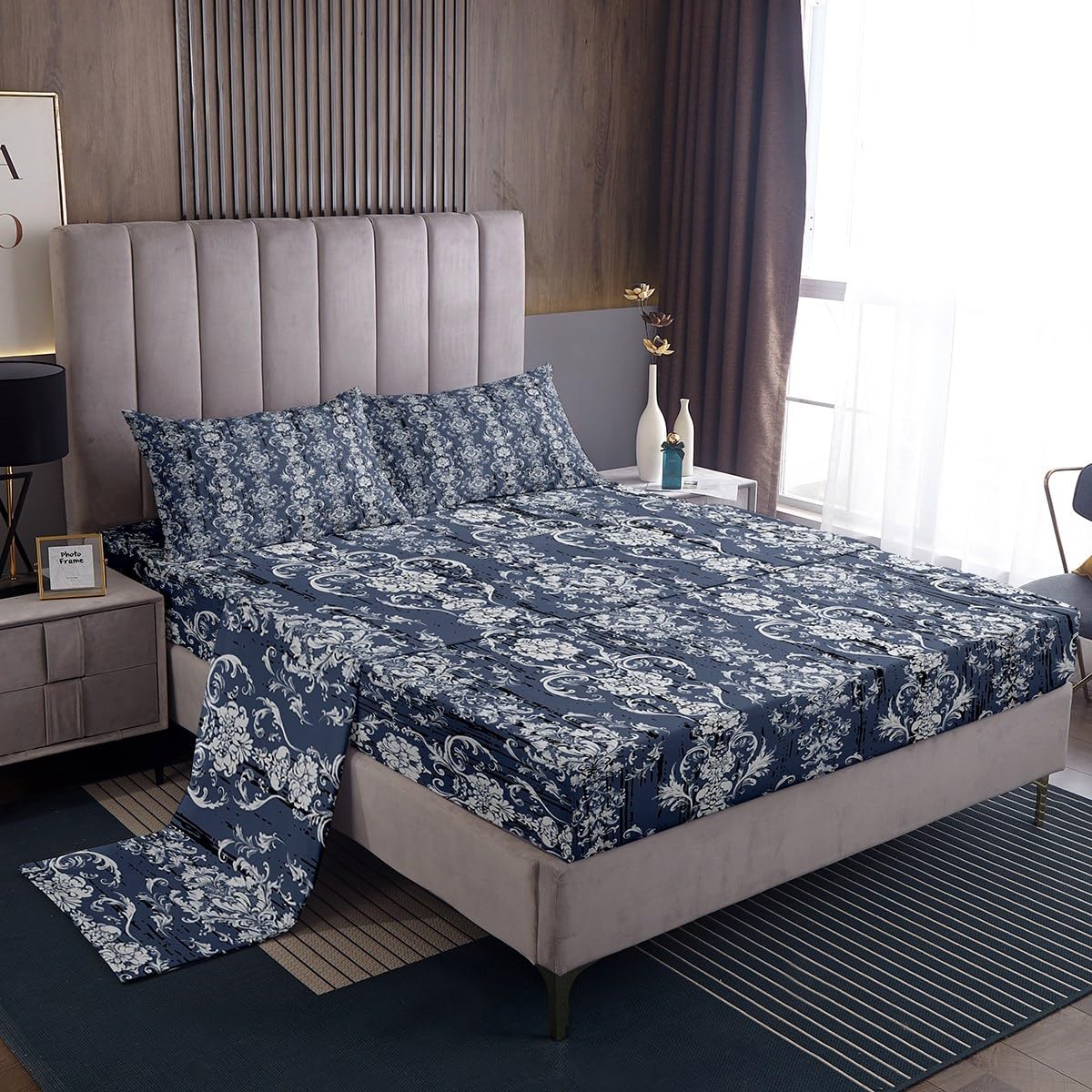 Erosebridal Damask Blue Gothic Floral Bed Sheet Set Twin