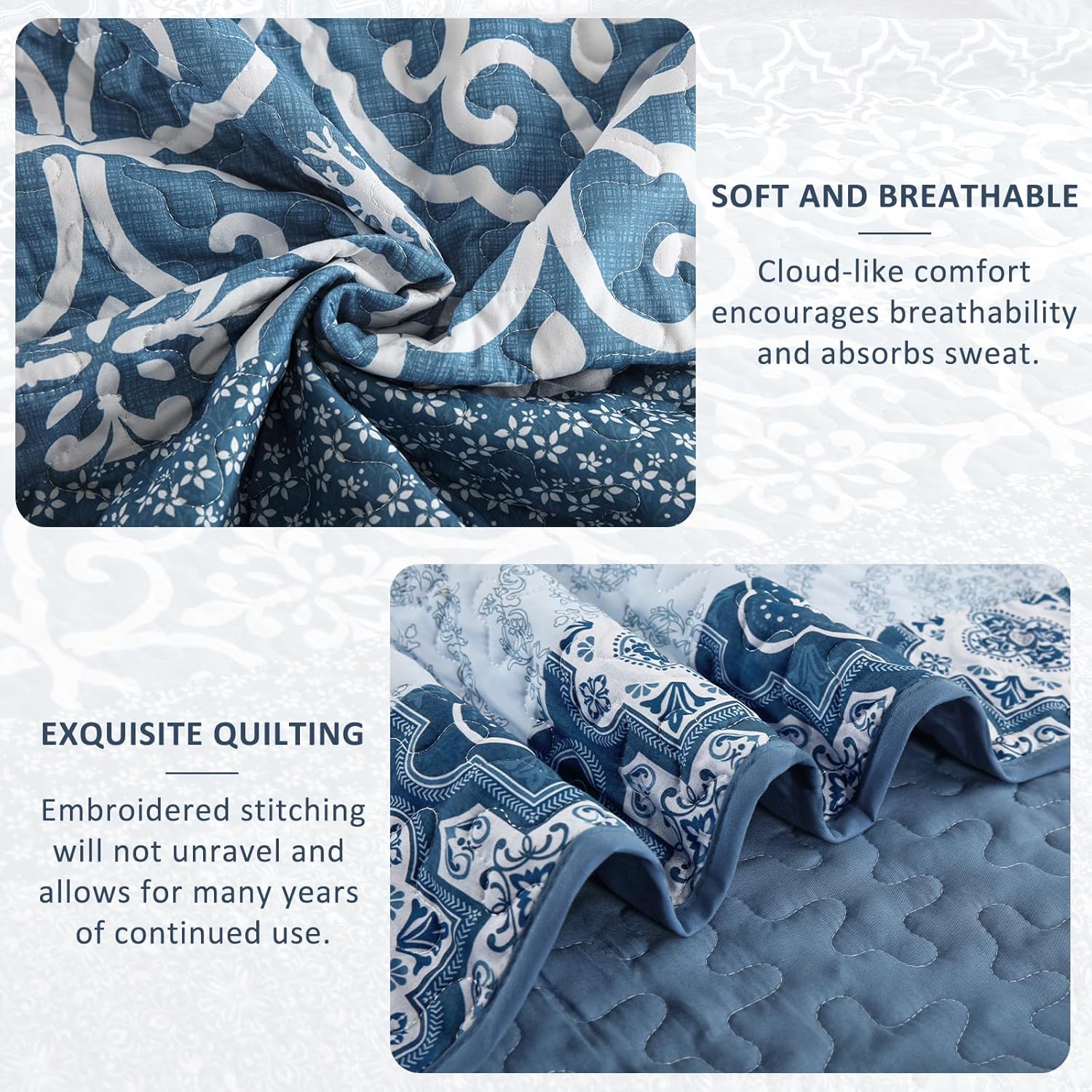 DJY Navy Blue Boho Quilt Set 3 Pieces King Size