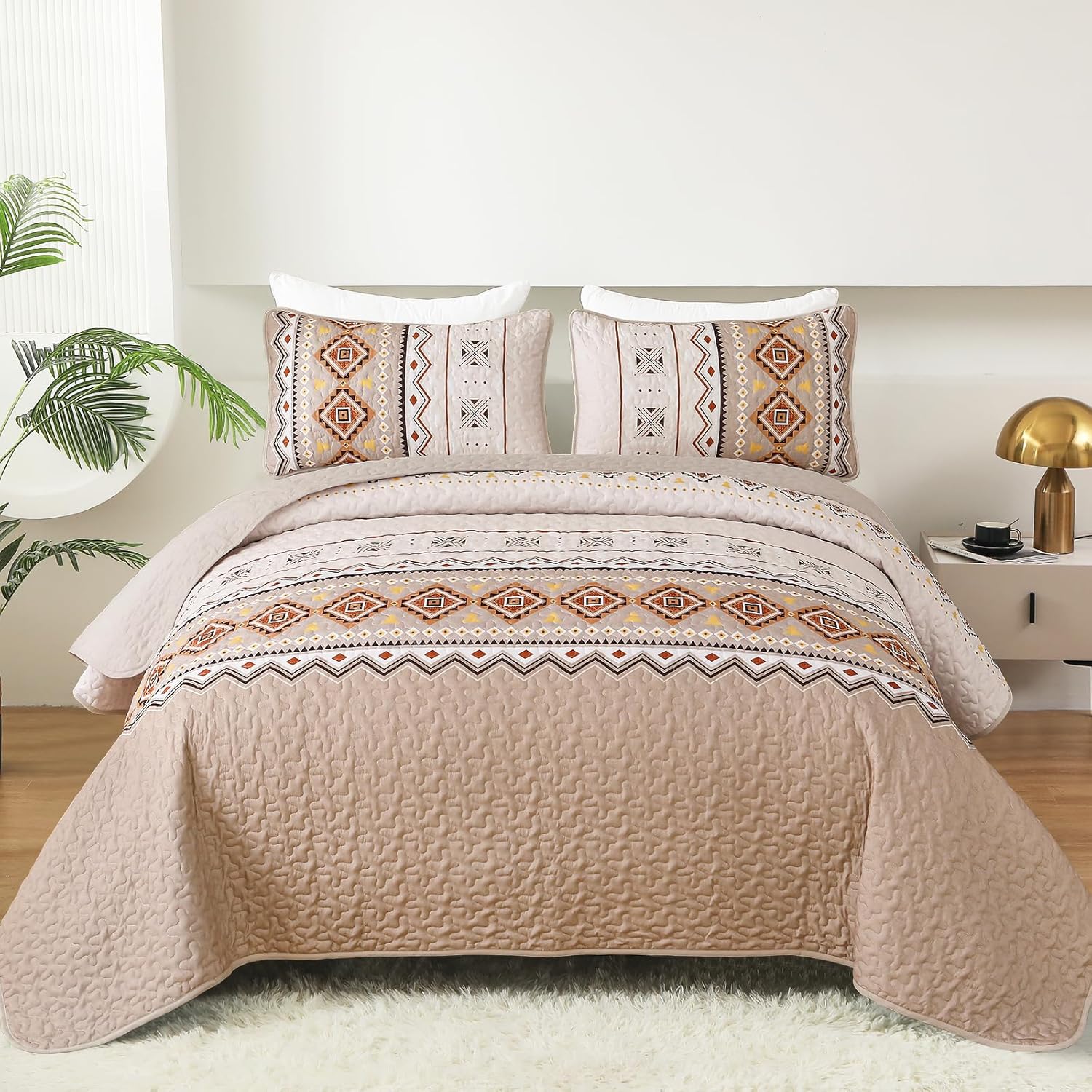 WONGS BEDDING Boho Beige Quilt Set Queen Size
