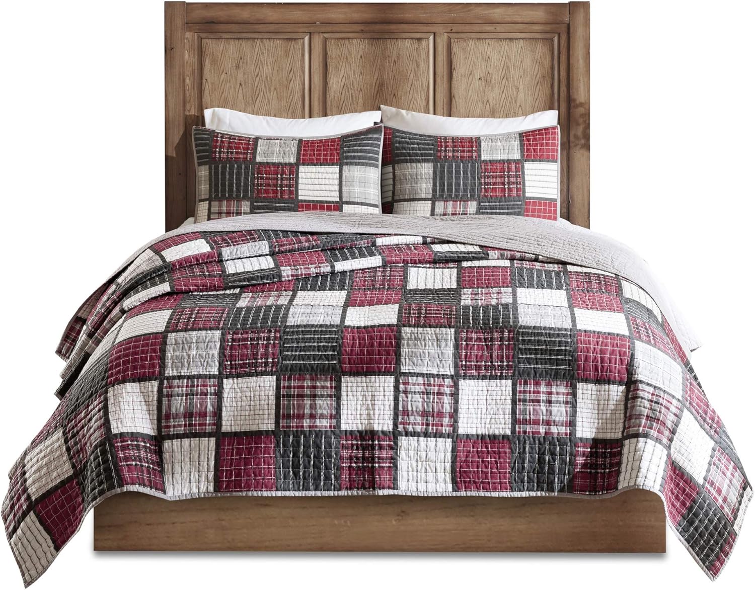 Woolrich Reversible Quilt Set - 3 Piece Tulsa Plaid RedGrey