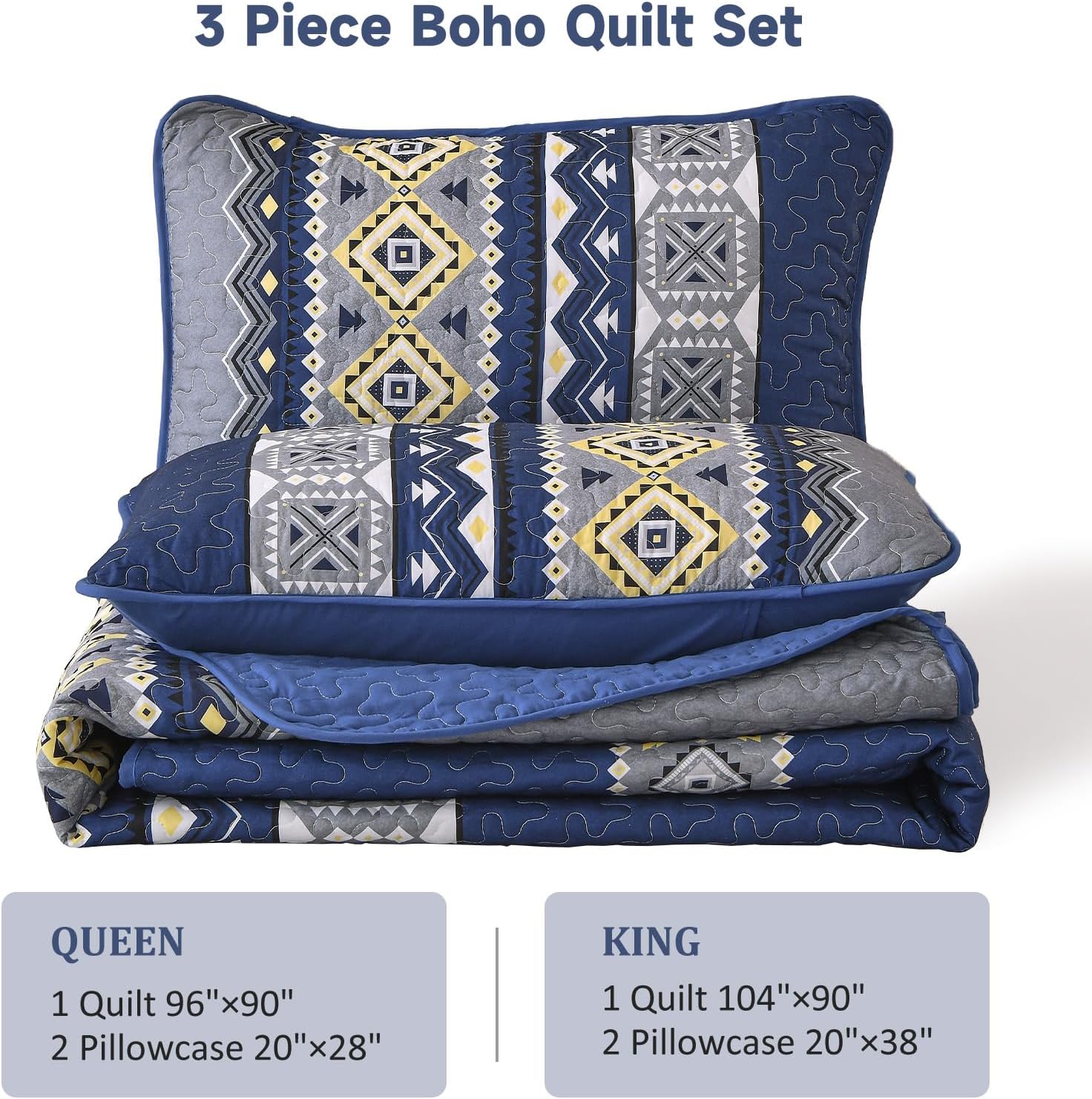 Wongs Bedding 3-Piece Quilt Set Queen Size Navy Blue