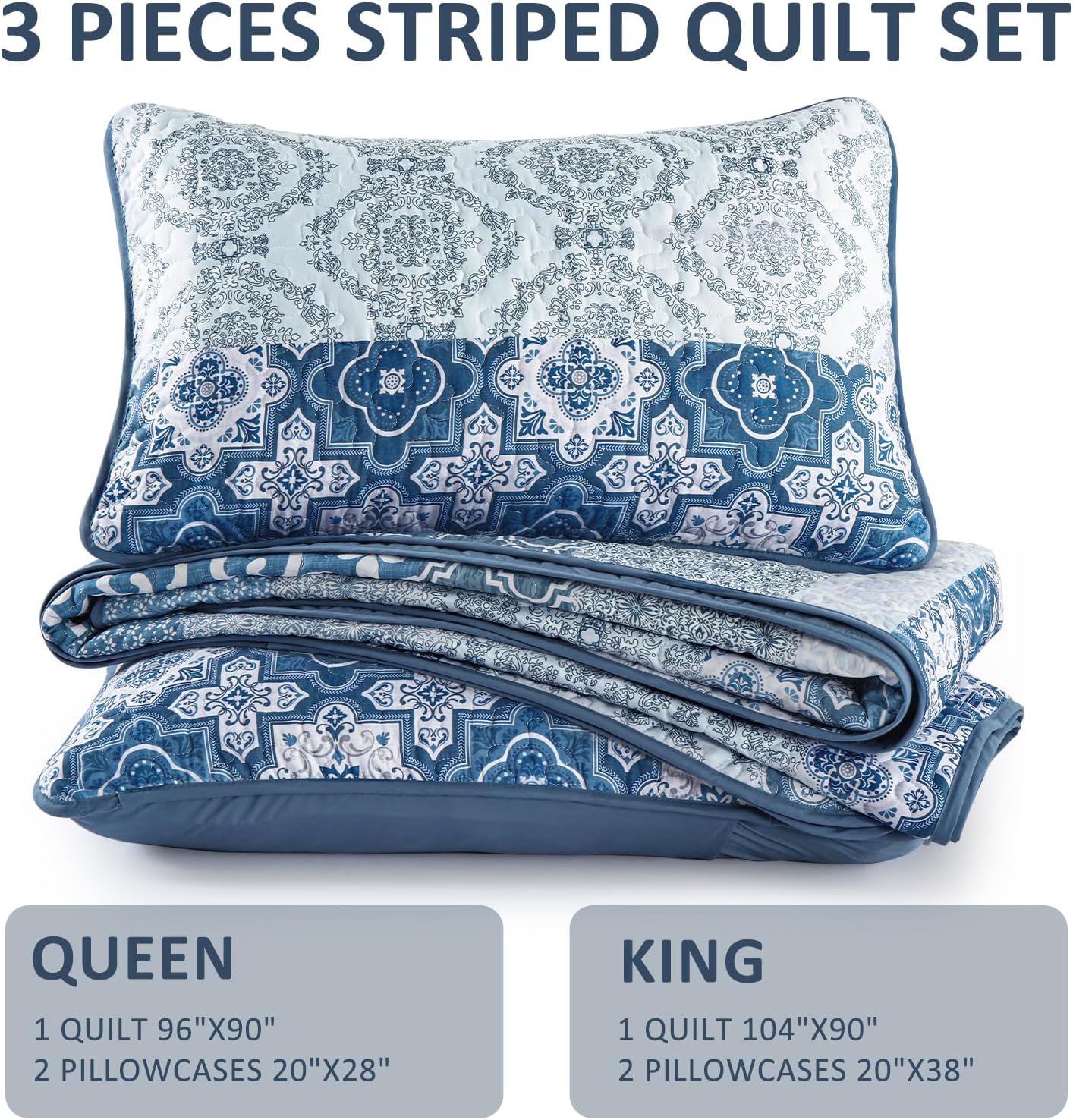DJY Navy Blue Boho Quilt Set 3 Pieces King Size