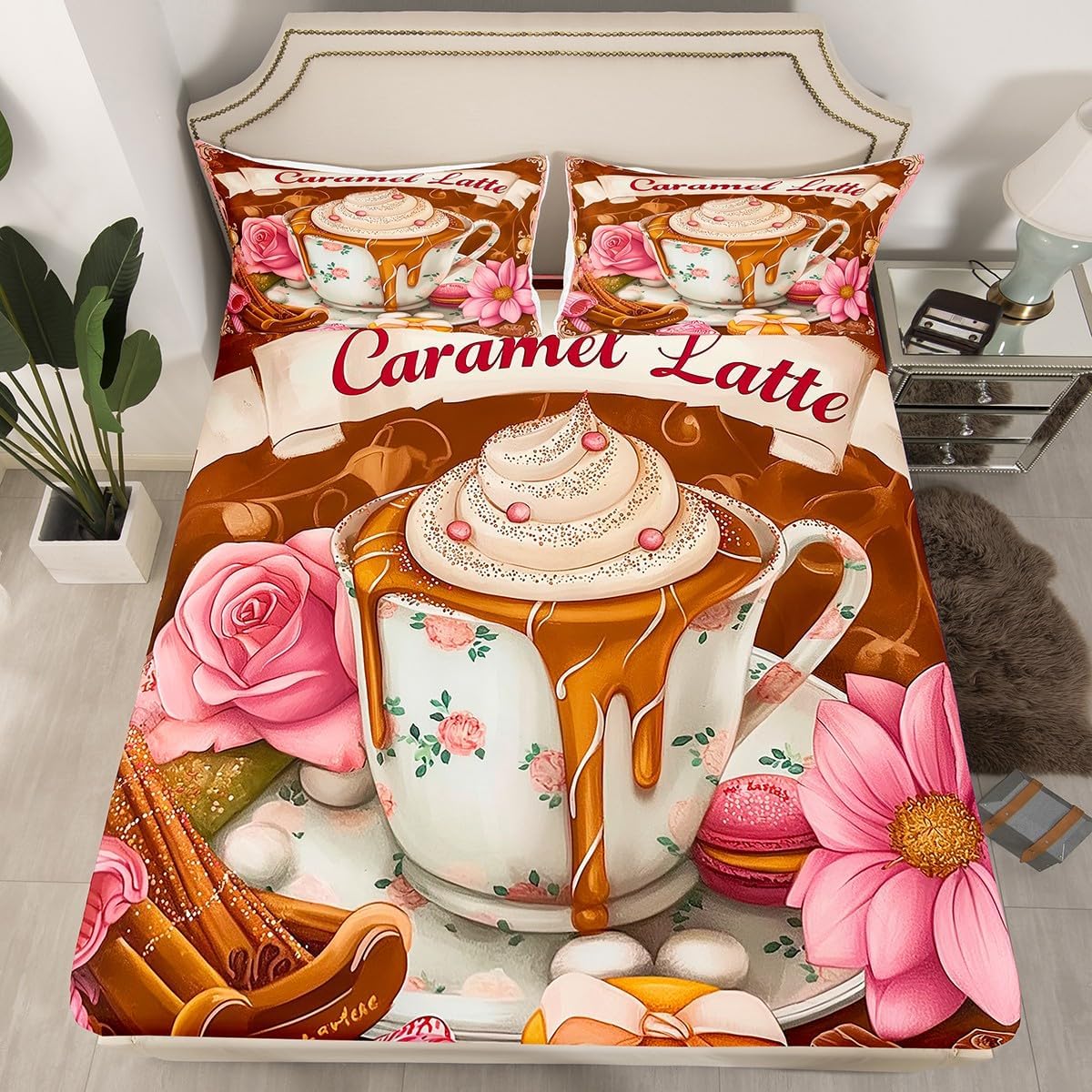 Erosebridal Caramel Lattle Fitted Sheet with Pillowcases