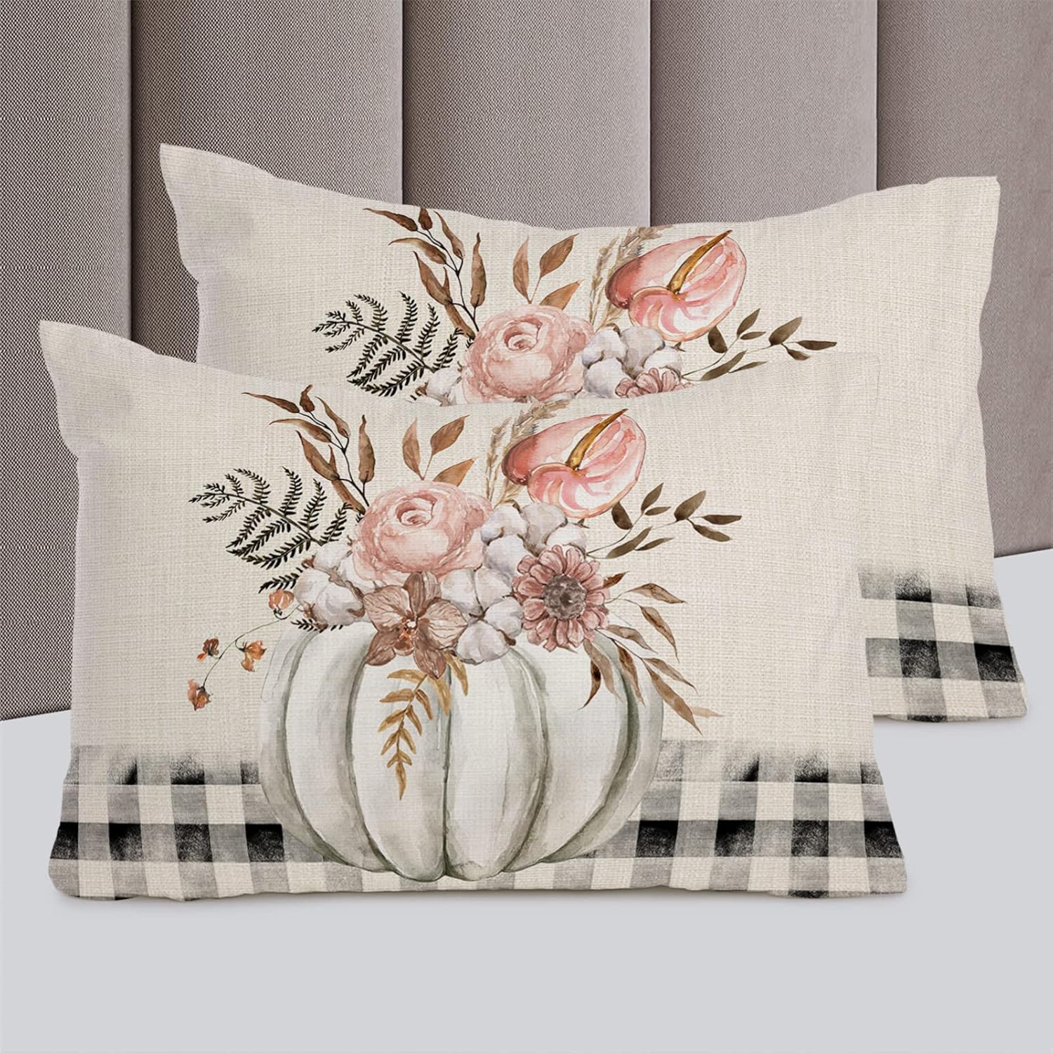 OComster California King Duvet Cover Set with Grey Pumpkin Plaid
