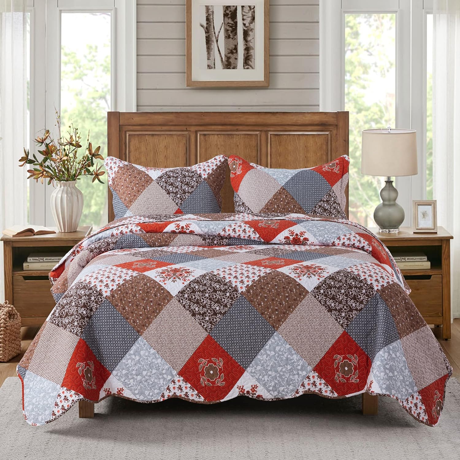 Travan Floral Printed Quilt Set King Size 3-Piece Reversible
