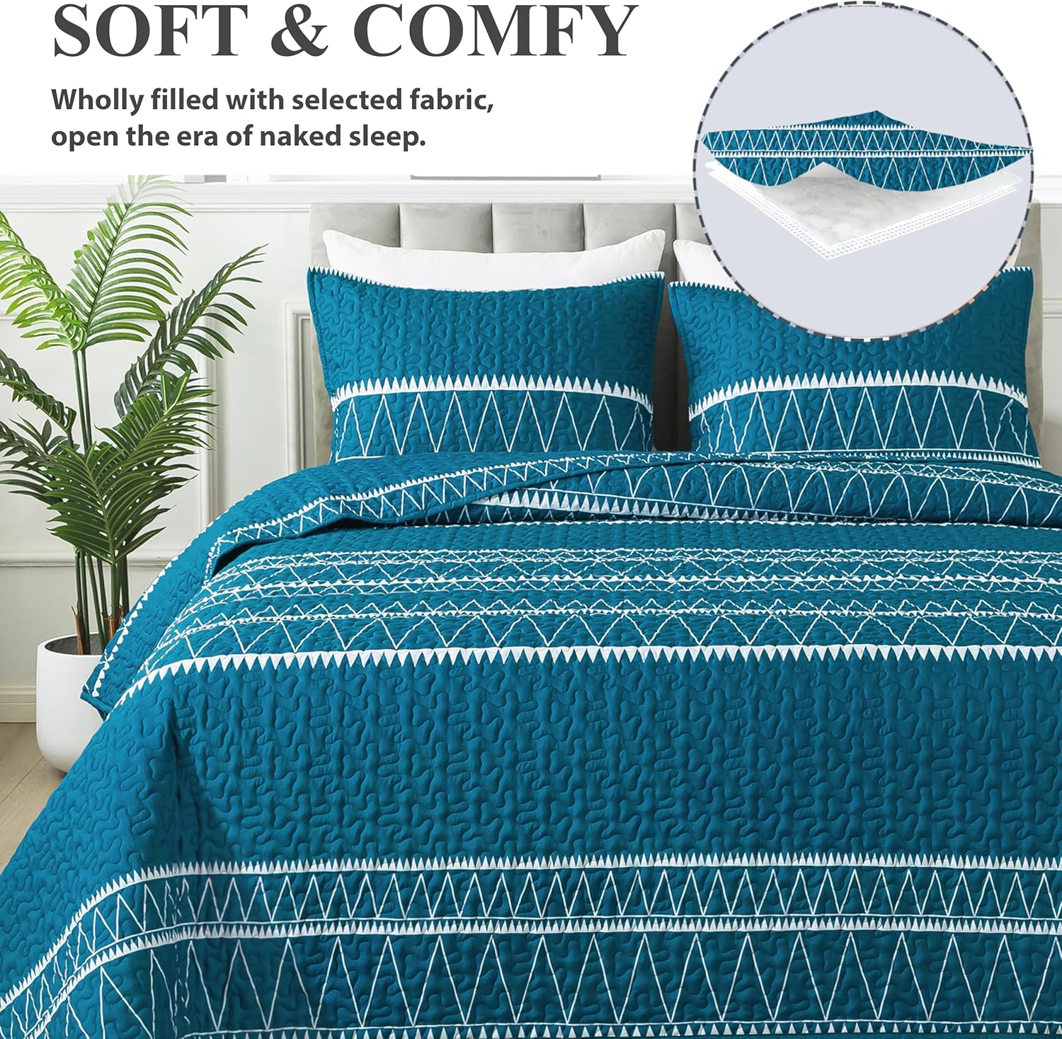 Andency Teal Quilt Set King 3Pcs Reversible Microfiber