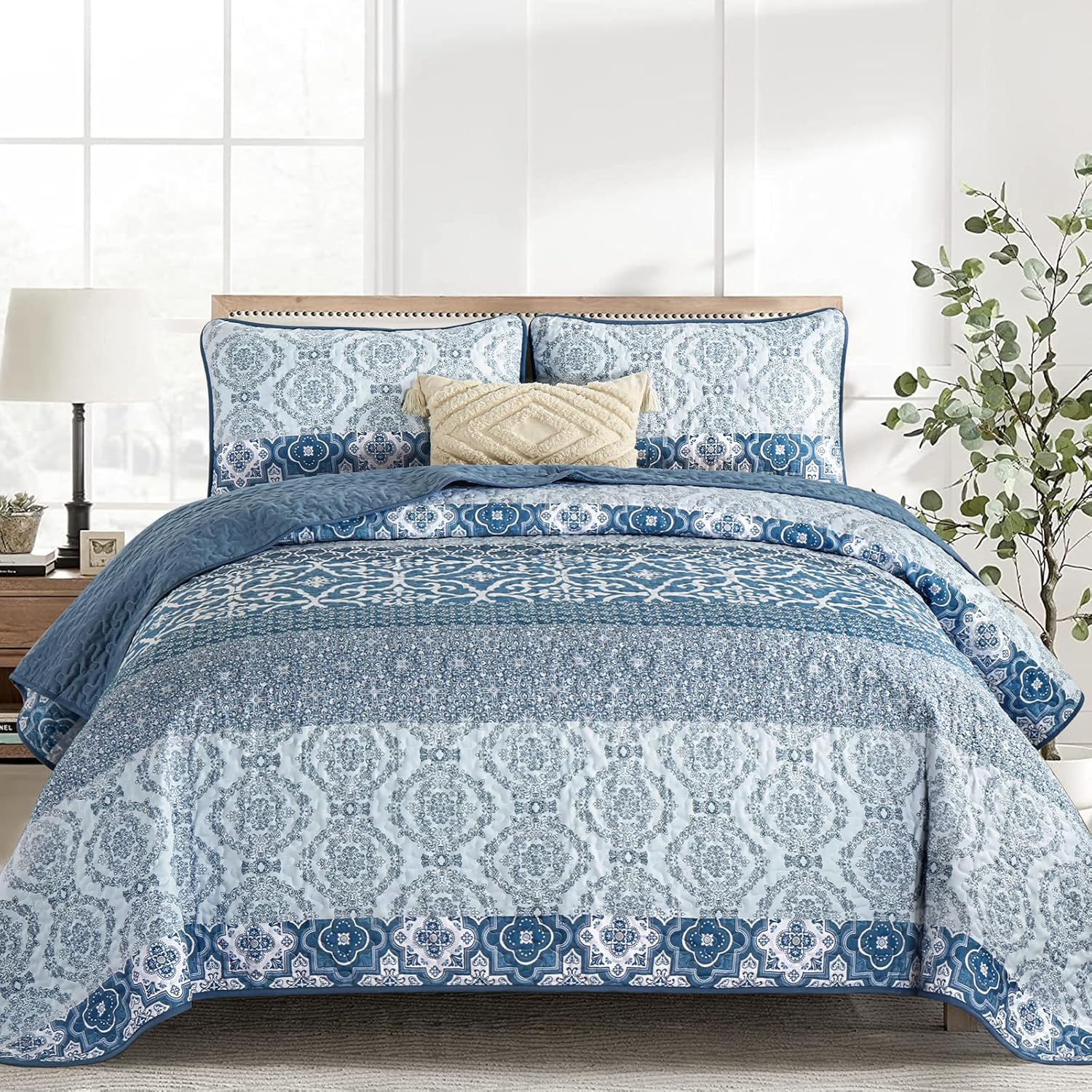 DJY Navy Blue Boho Quilt Set 3 Pieces King Size
