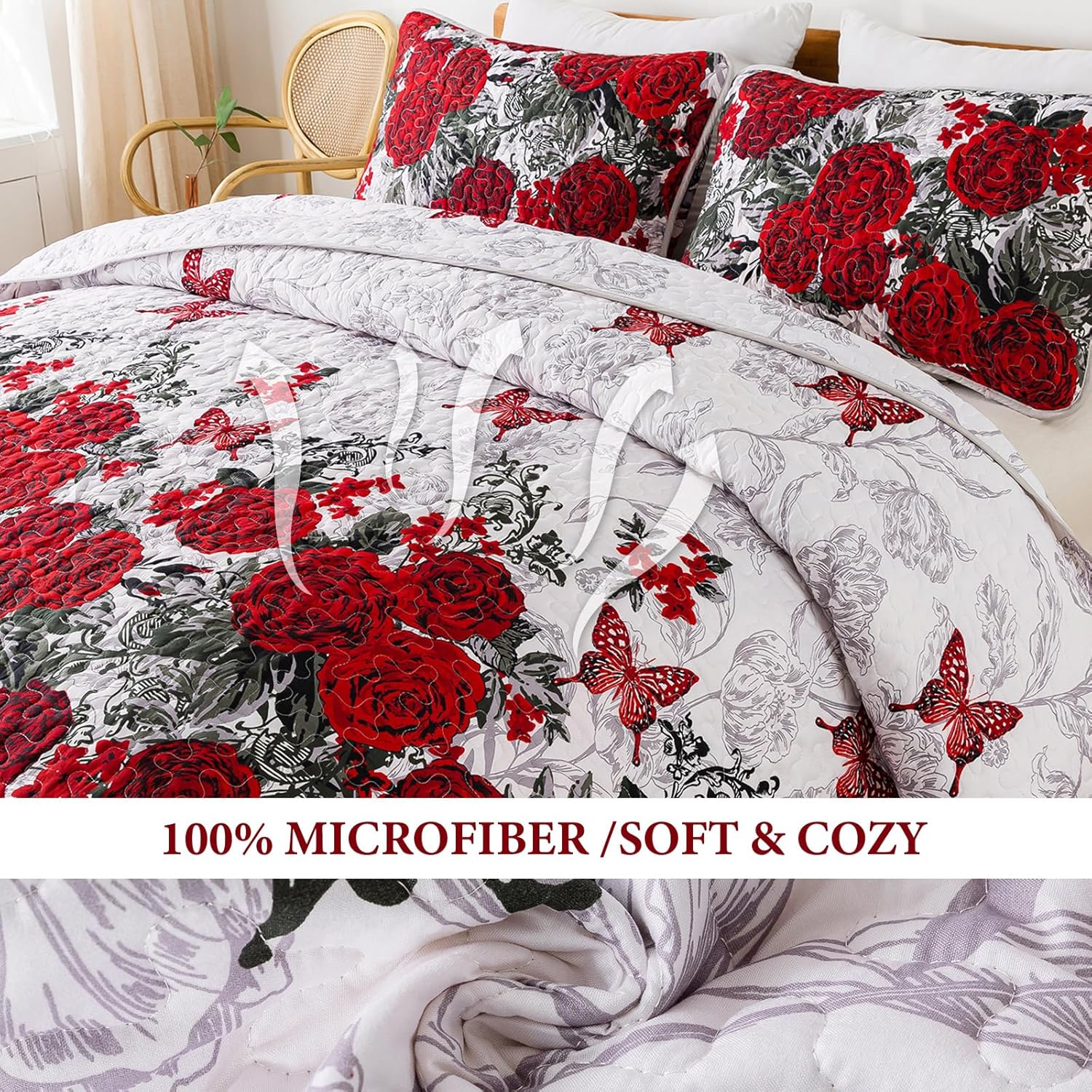 Yiran Red Floral Quilt Set King 3 Pieces