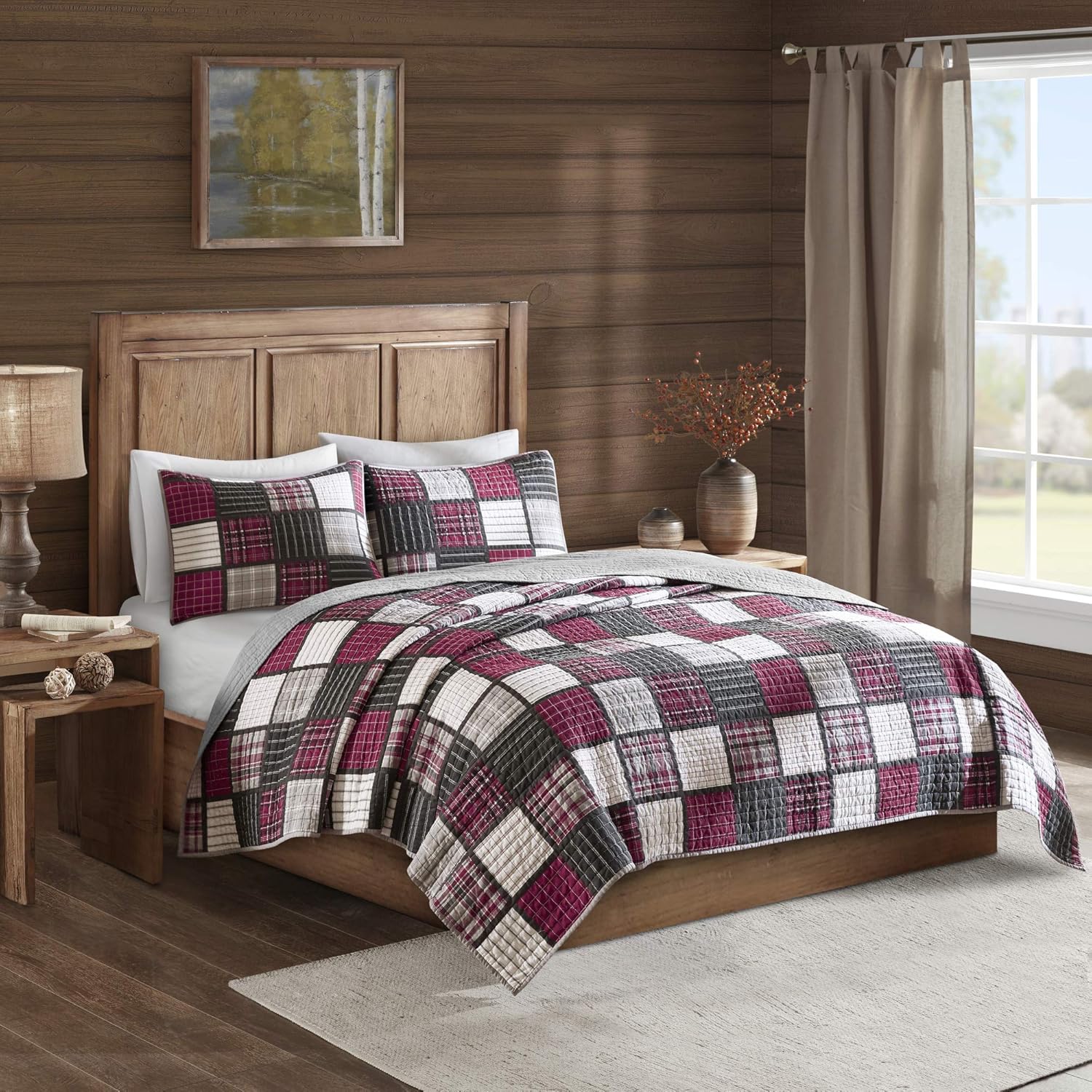 Woolrich Reversible Quilt Set - 3 Piece Tulsa Plaid RedGrey