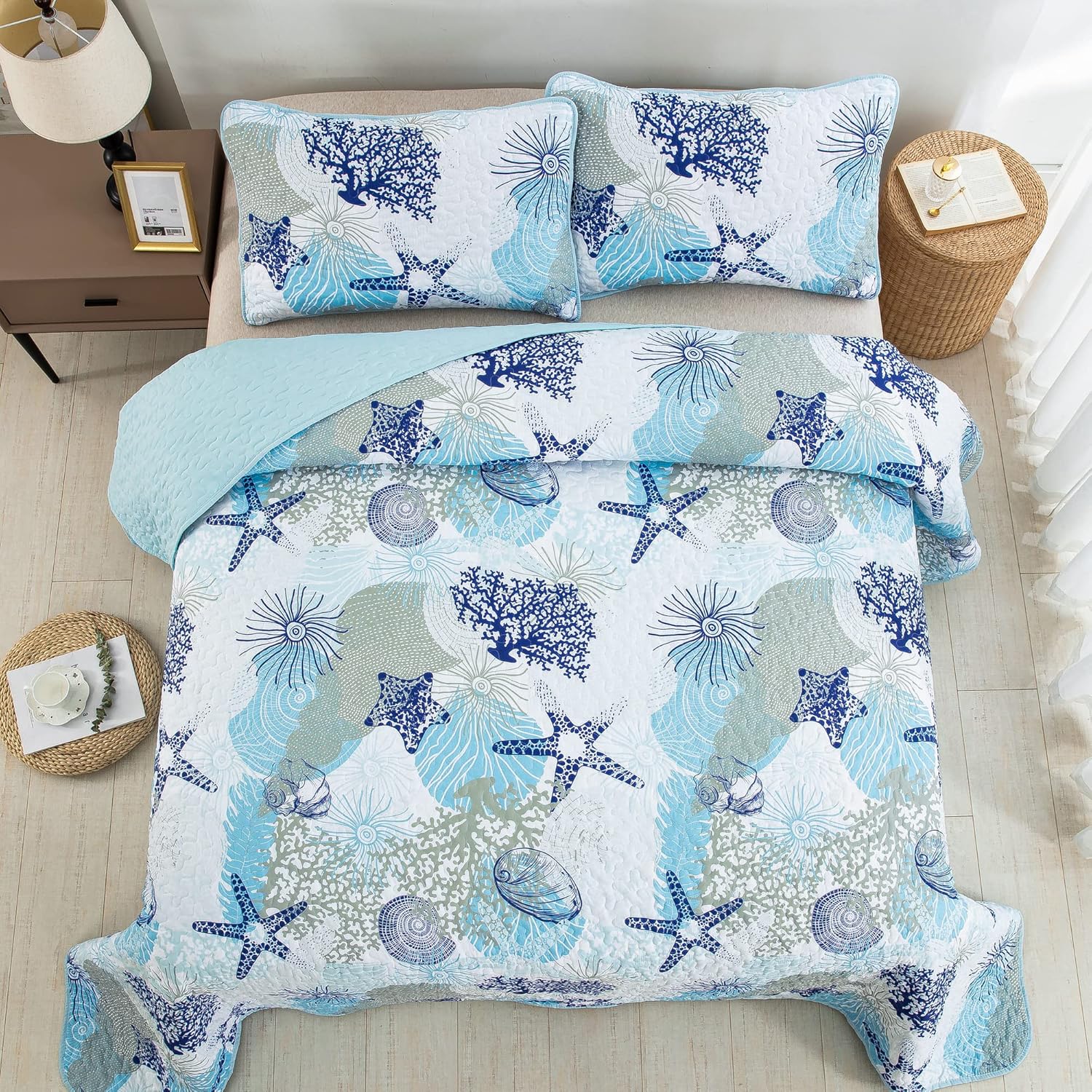 Dinjoy Coastal Quilt Set Full Size Blue Ocean 1