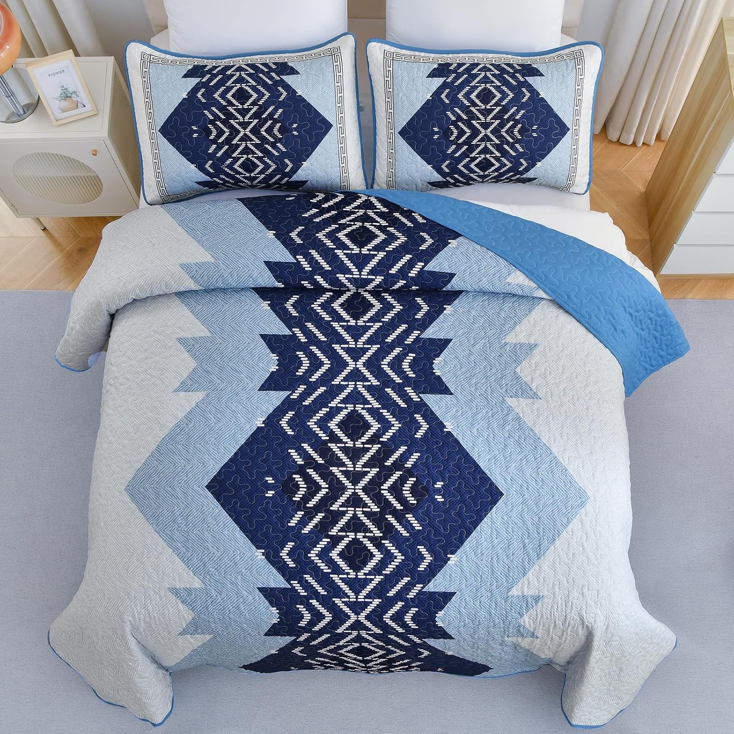 Dintszyayue Blue Boho Quilt Set Queen Size 3 Piece