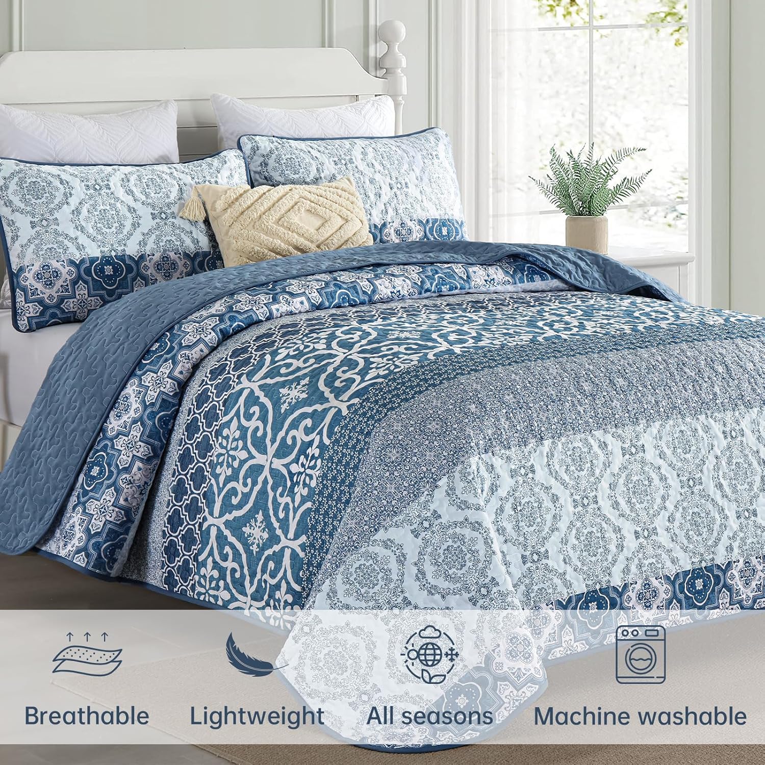 DJY Navy Blue Boho Quilt Set 3 Pieces King Size