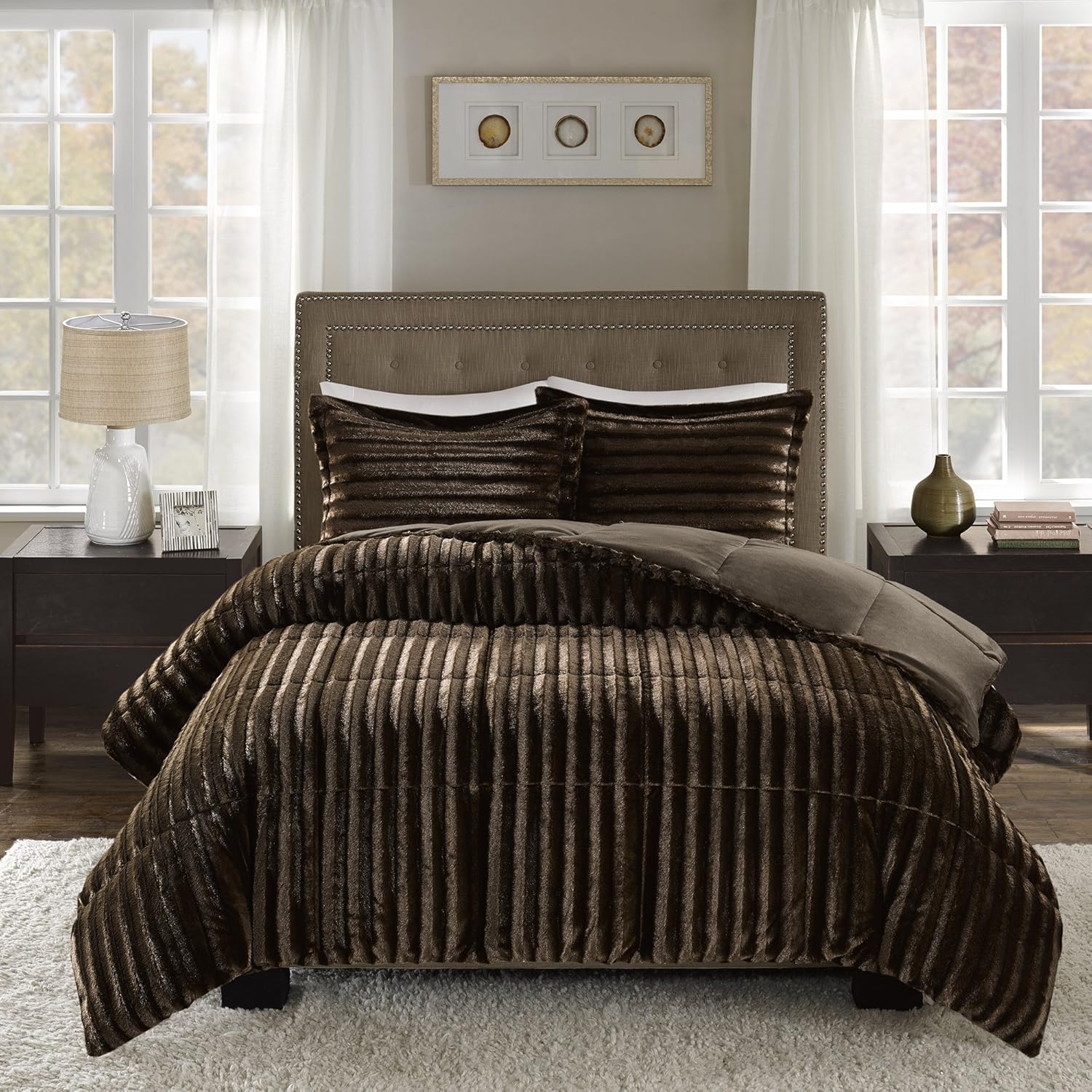 Madison Park Duke Luxe Faux Fur Reversible Comforter Set Chocolate 3 Piece