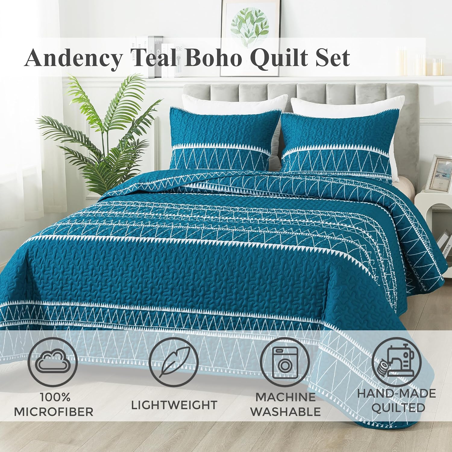 Andency Teal Quilt Set King 3Pcs Reversible Microfiber